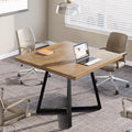31.5" Square Conference Table, Industrial Office Meeting Table for 4 People, Business Podcast Furniture with Metal Base for Small Spaces, Office Conference, Natural