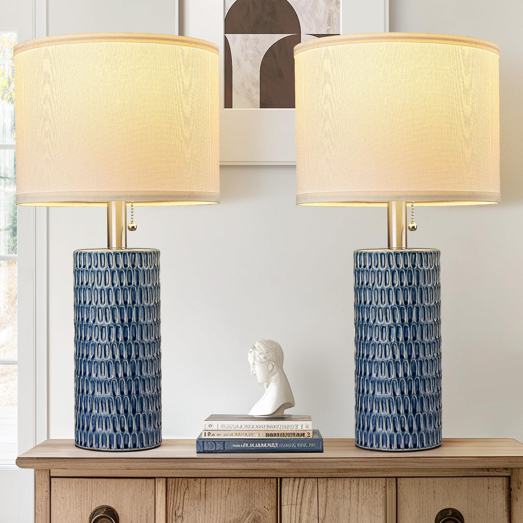 Modern Ceramic Table Lamps Set of 2, Lamps for Bedroom, Dark Blue