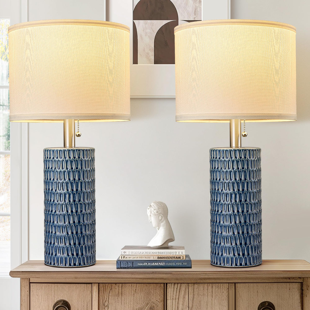Modern Ceramic Table Lamps Set of 2, Lamps for Bedroom, Dark Blue