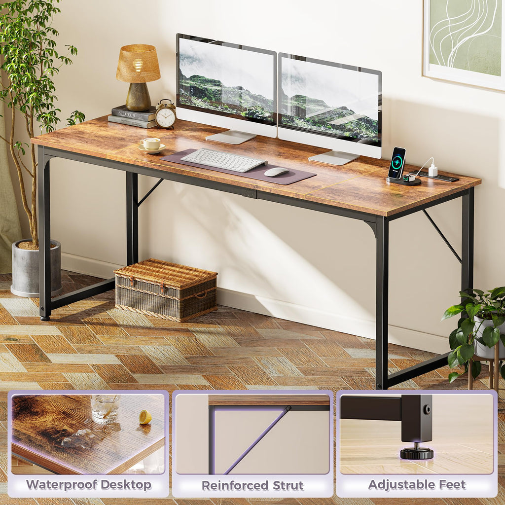 70 X 24 Inch Office Computer Desk with Power Outlets and USB-C Port, Larger and Longer Gaming Desk, for Home Office, Study, Writing Work from Home Table, Metal Frame, Rustic Brown