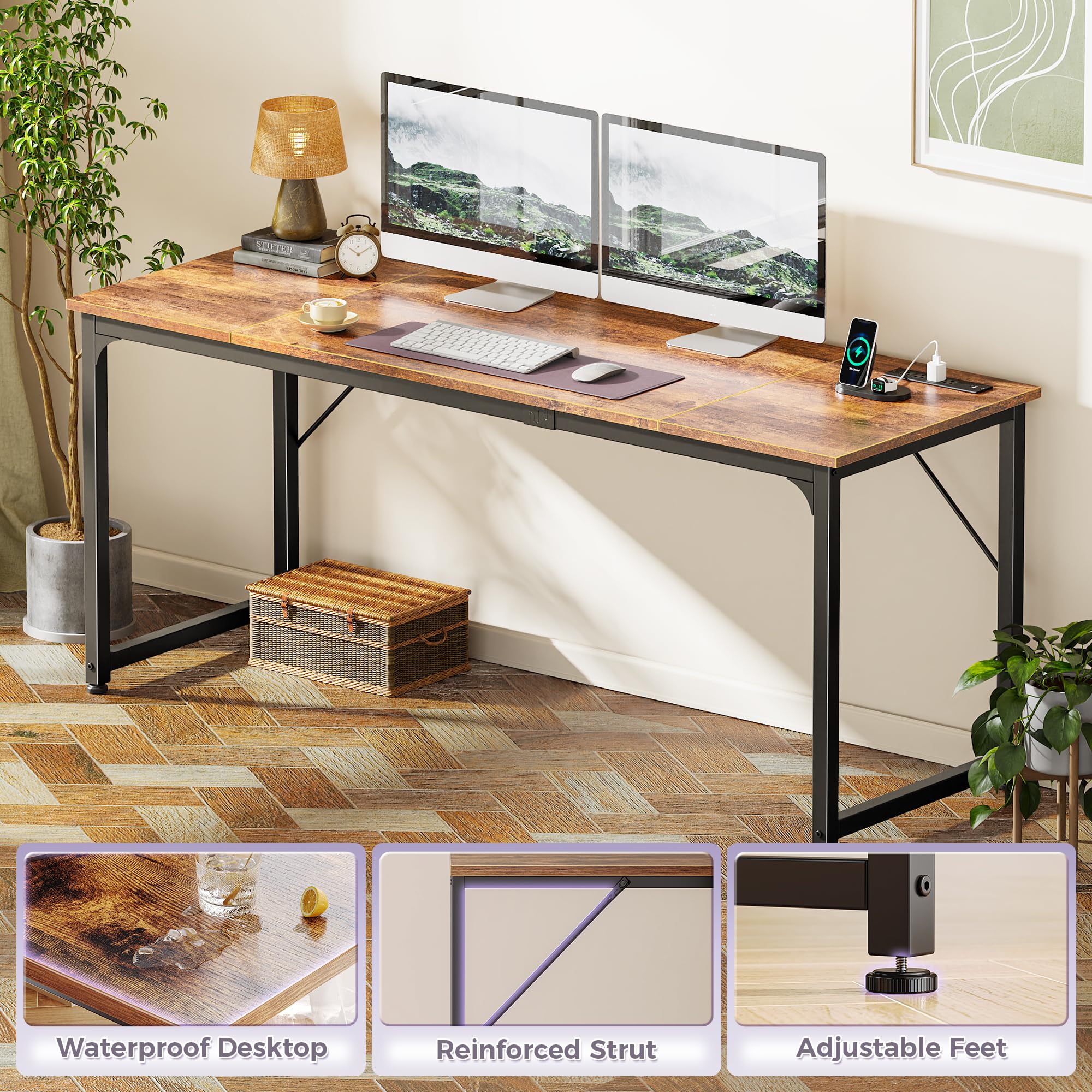 70 X 24 Inch Office Computer Desk with Power Outlets and USB-C Port, Larger and Longer Gaming Desk, for Home Office, Study, Writing Work from Home Table, Metal Frame, Rustic Brown
