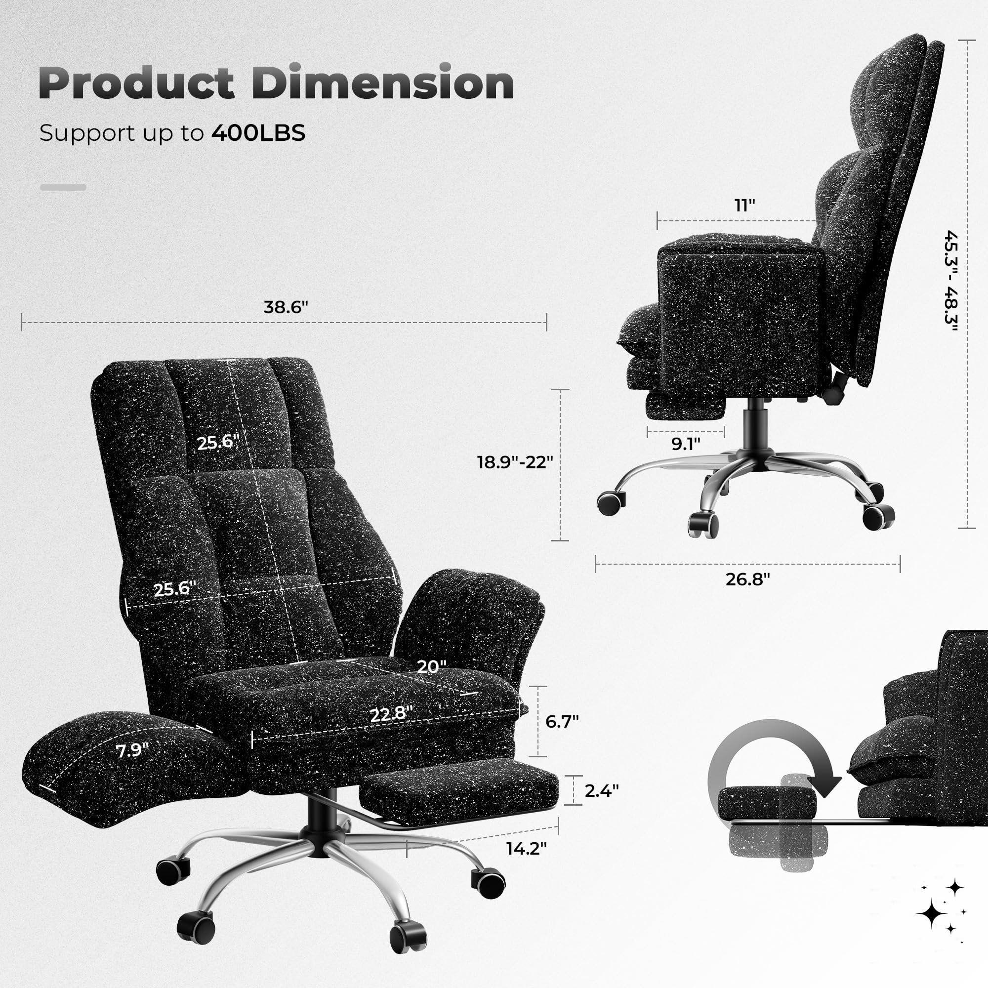Big and Tall Office Chair, Flip Armrests for Pets & Cross Legged Sitting, Executive Ergonomic Computer Gaming Chair with Foot Rest, Gliter Fabric Wide Seat Reclining Desk Chair