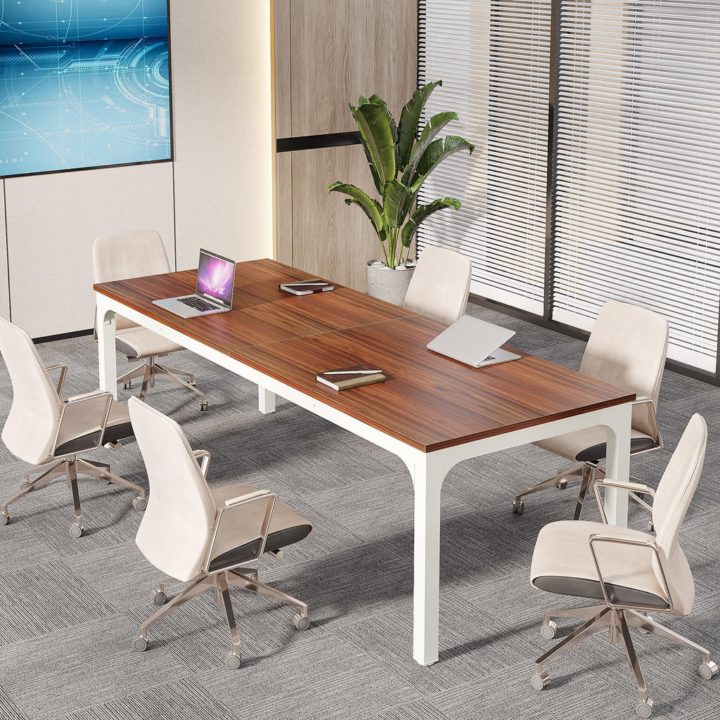 6.5 FT Conference Room Table, 78.74" W x 27.56" D Large Office Conference Table, Modern Seminar Meeting Table Desk for Boardroom, Meeting Room (1, Brown and White)