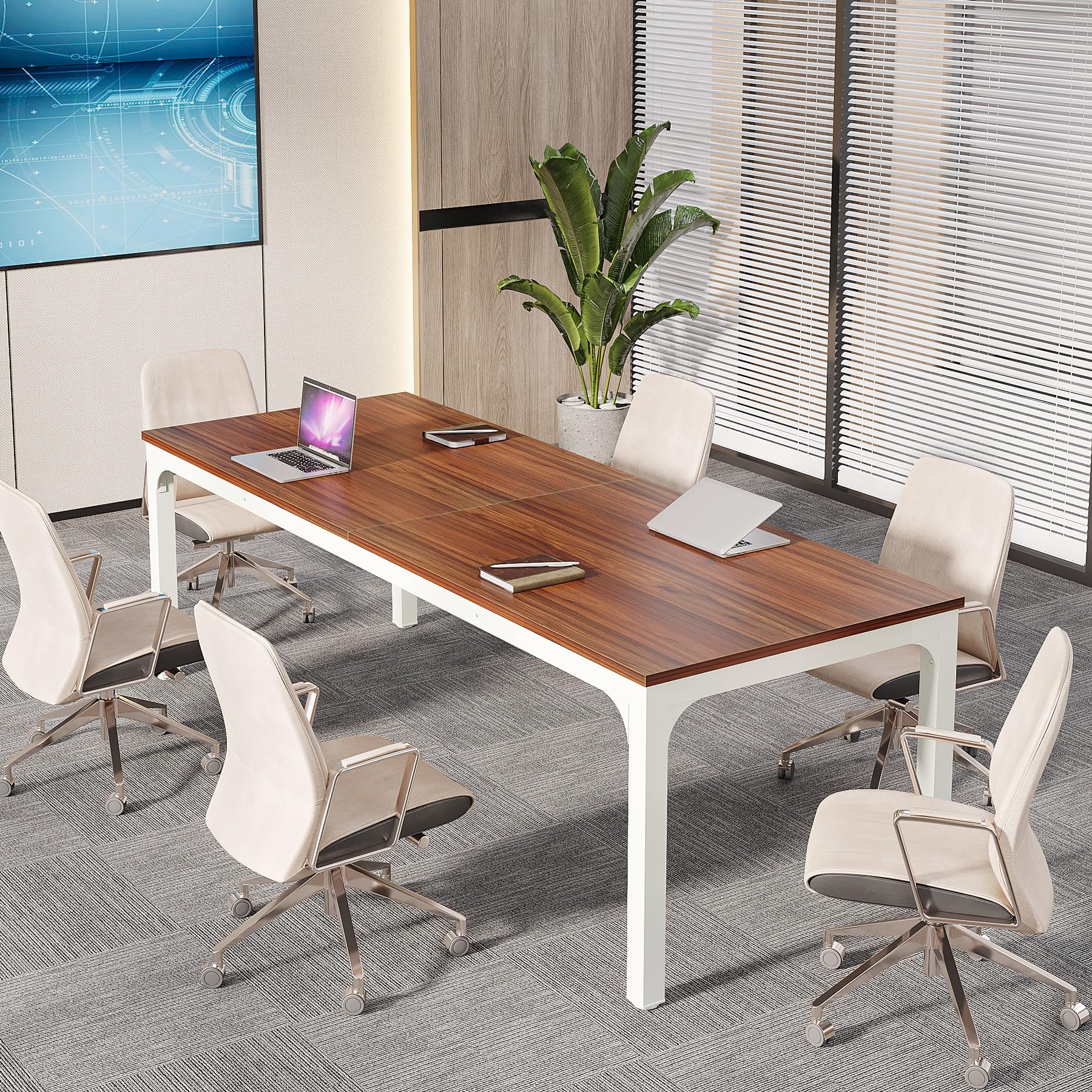 6.5 FT Conference Room Table, 78.74" W x 27.56" D Large Office Conference Table, Modern Seminar Meeting Table Desk for Boardroom, Meeting Room (1, Brown and White)