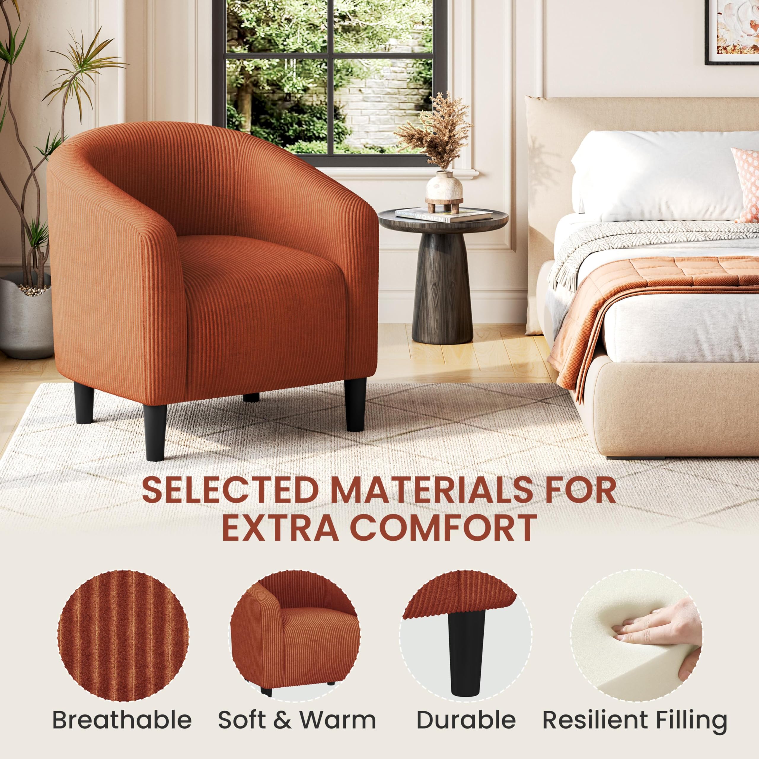 Accent Barrel Chair, Corduroy Fabric Club Chair, Furry Sherpa Elegant Armchair with Cozy Soft Padded, Suitable for Living Room Bedroom Reception Room Office, Brick Red