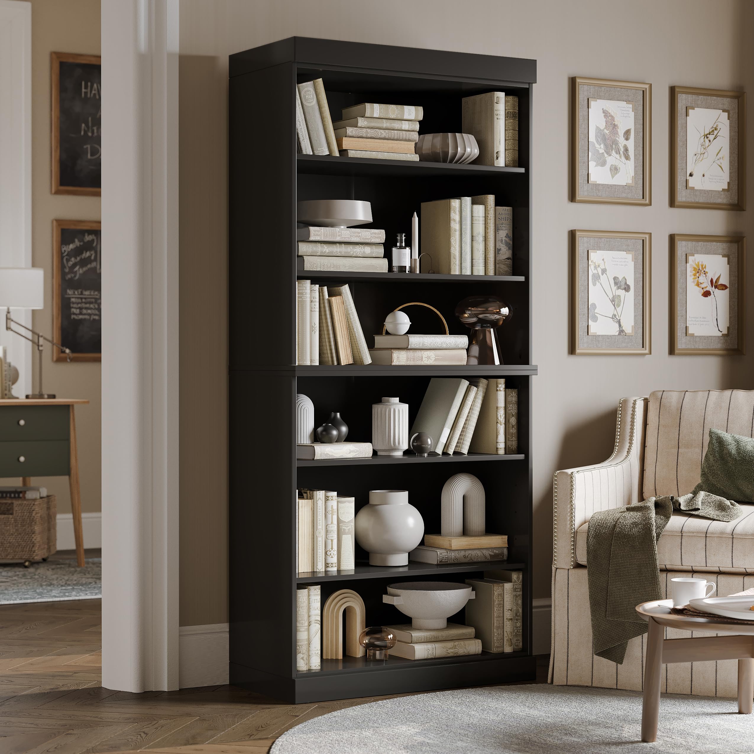 Solid Wood Bookcase - Stackable Modular 6-Tier Bookshelf - 71.5" Tall x 32" Wide - Black, Open Display Shelf for Living Room, Office, Renewable 100% Eco-Friendly Wood, Made in Brazil