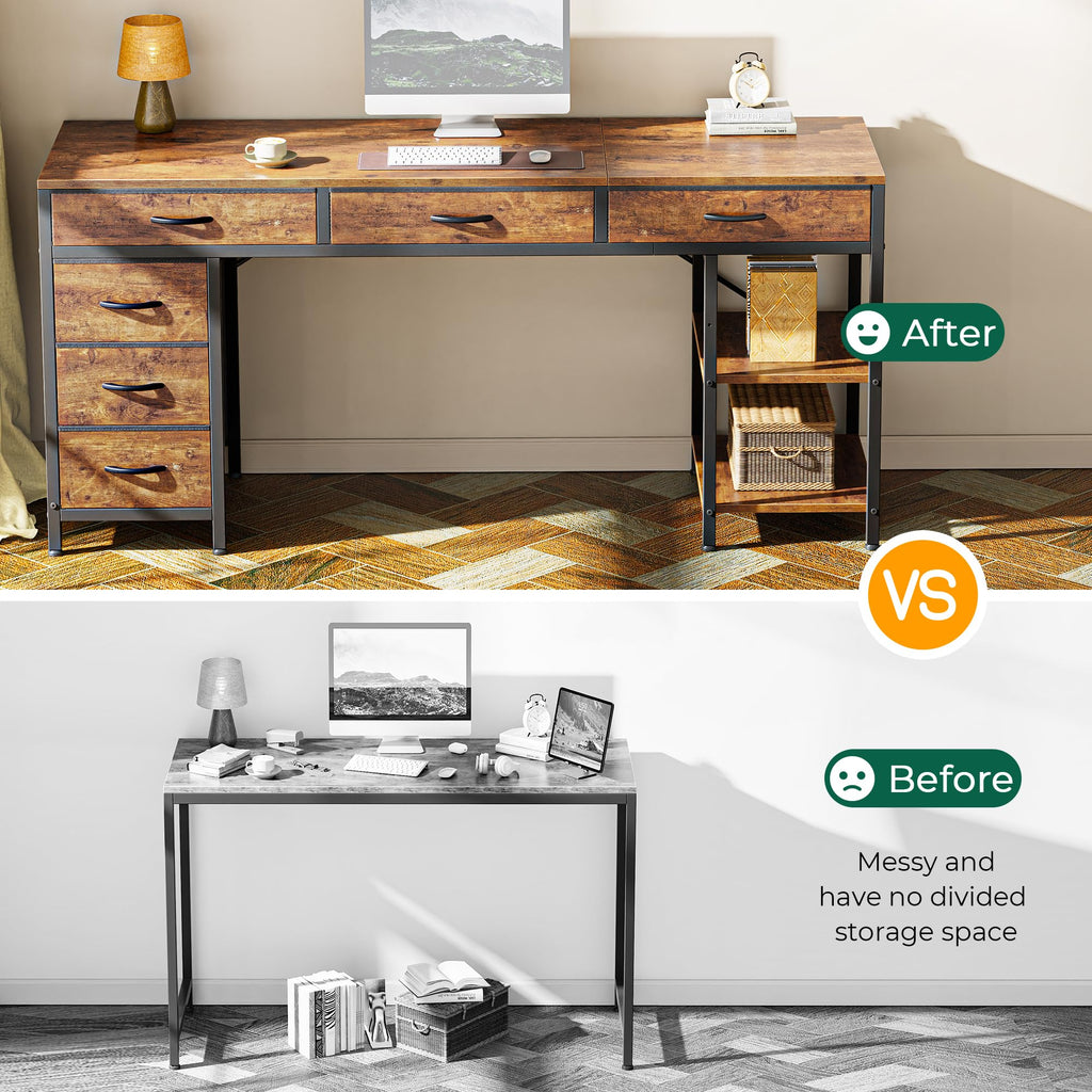 Computer Desk with 6 Drawers, Office Desk with Shelves, Reversible Gaming Desk, Large Corner Desk with Storage, Work for Home Office, Study, Living Room, 63inch, Rustic Brown