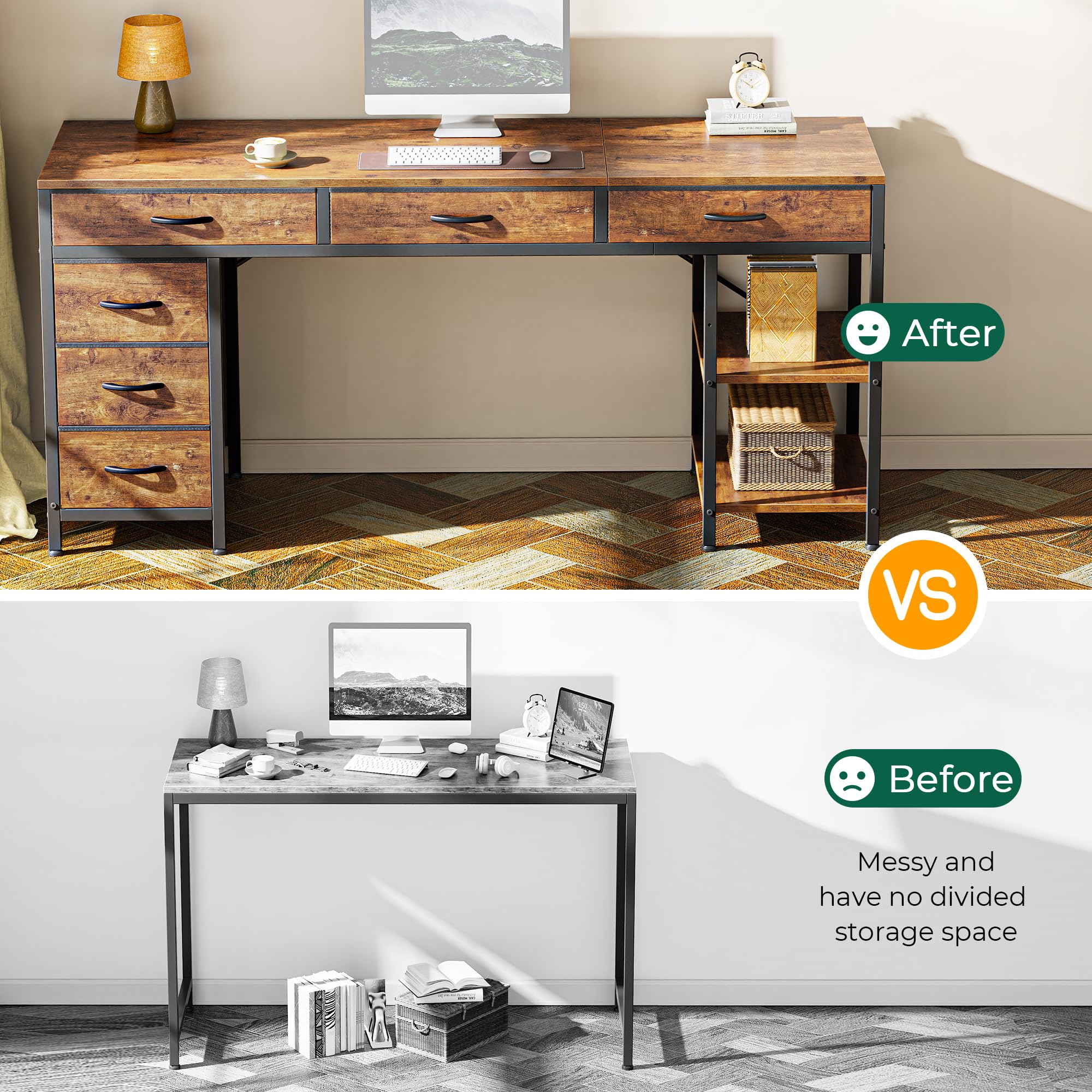 Computer Desk with 6 Drawers, Office Desk with Shelves, Reversible Gaming Desk, Large Corner Desk with Storage, Work for Home Office, Study, Living Room, 63inch, Rustic Brown