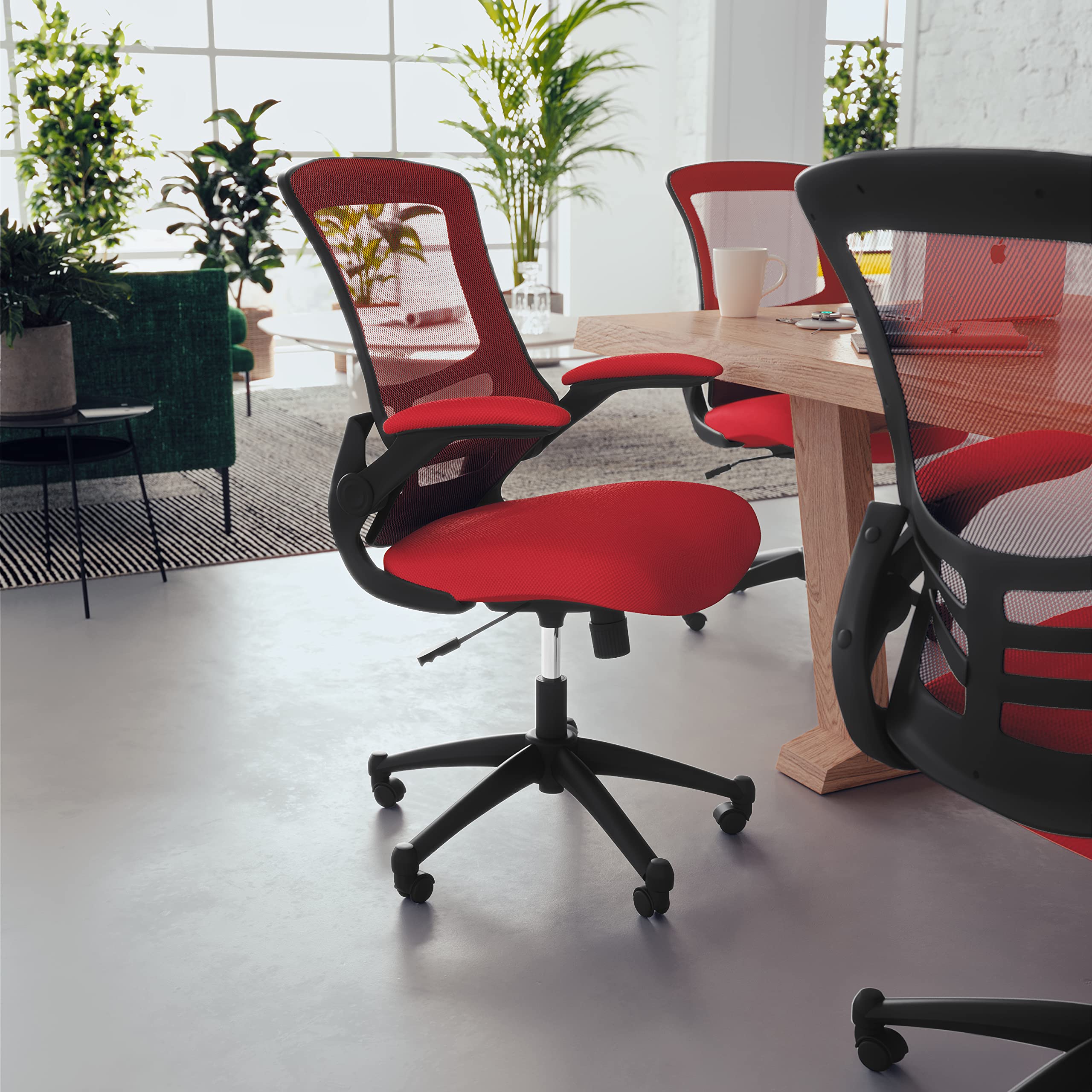 Mid-Back Red Mesh Swivel Ergonomic Task Office Chair with Flip-Up Arms