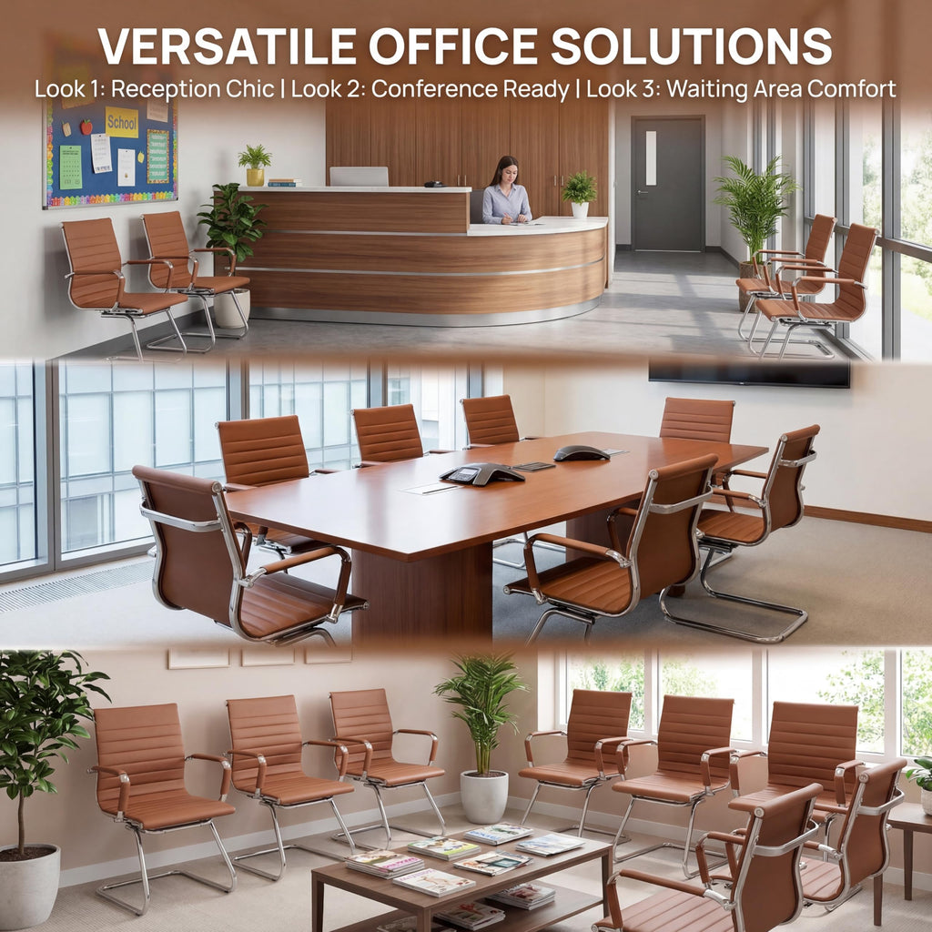 Conference Room Chairs Set of 4, Waiting Room Chairs with Arms, Faux Leather Reception Chairs No Wheels, Office Guest Chairs with Mid Back Support and Chrome Sled Base, Cafe