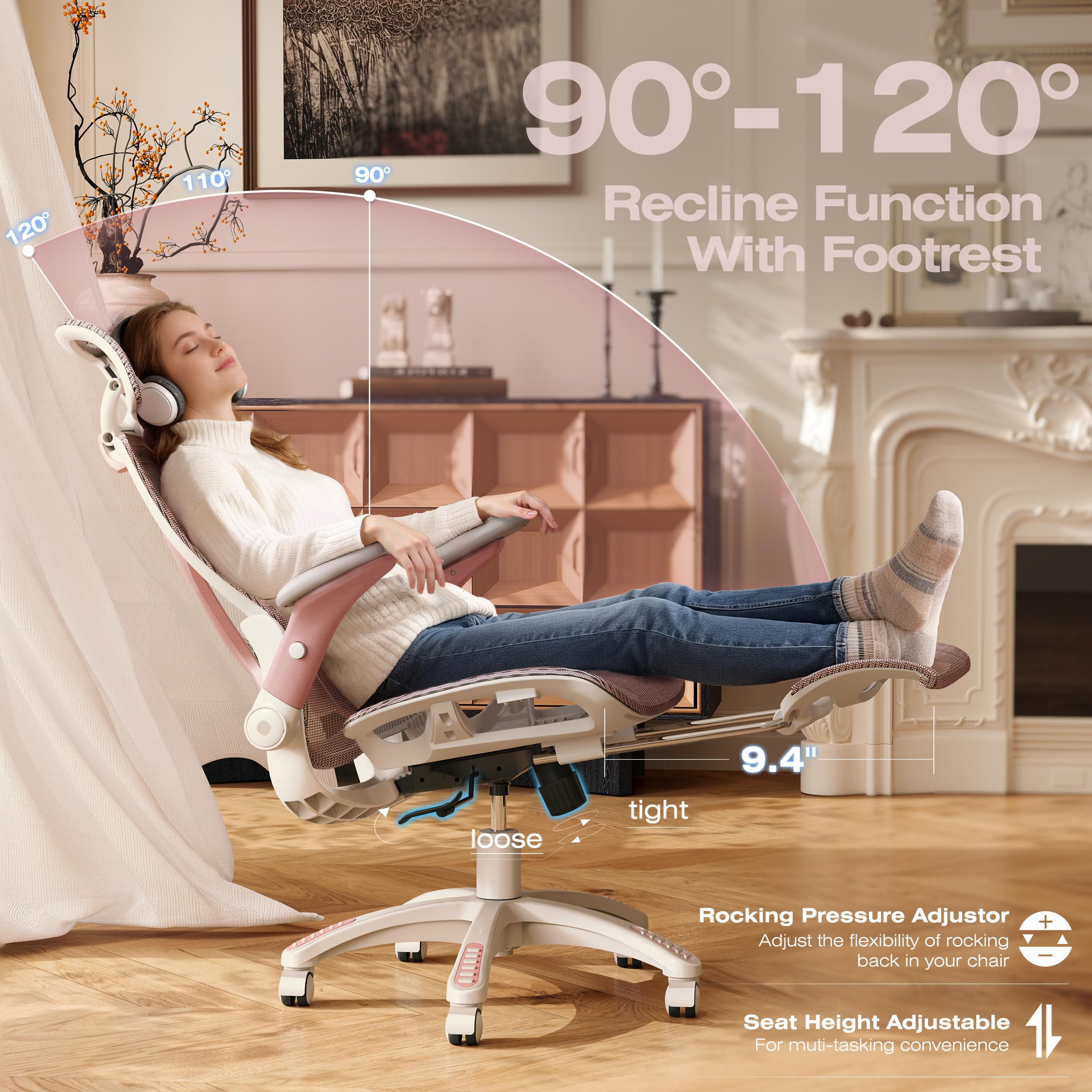 X100 Ergonomic Mesh Office Chair with Footrest, Big and Tall Hone Desk Chair with 5D Flip-Up Arms, Adjustable 3D Lumbar Support,Gaming & Executive Computer Chairs
