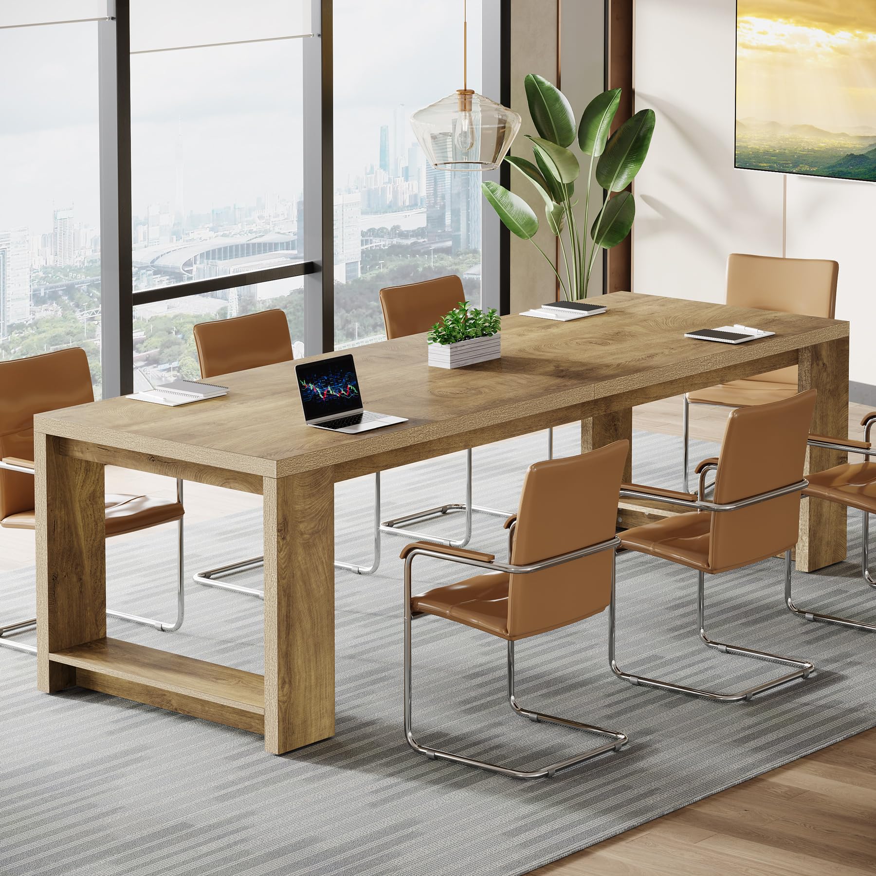 7 ft Conference Table for 6 to 8 People, Modern Rectangle Meeting Room Desk for Boardroom, Home Office (1, Oak)