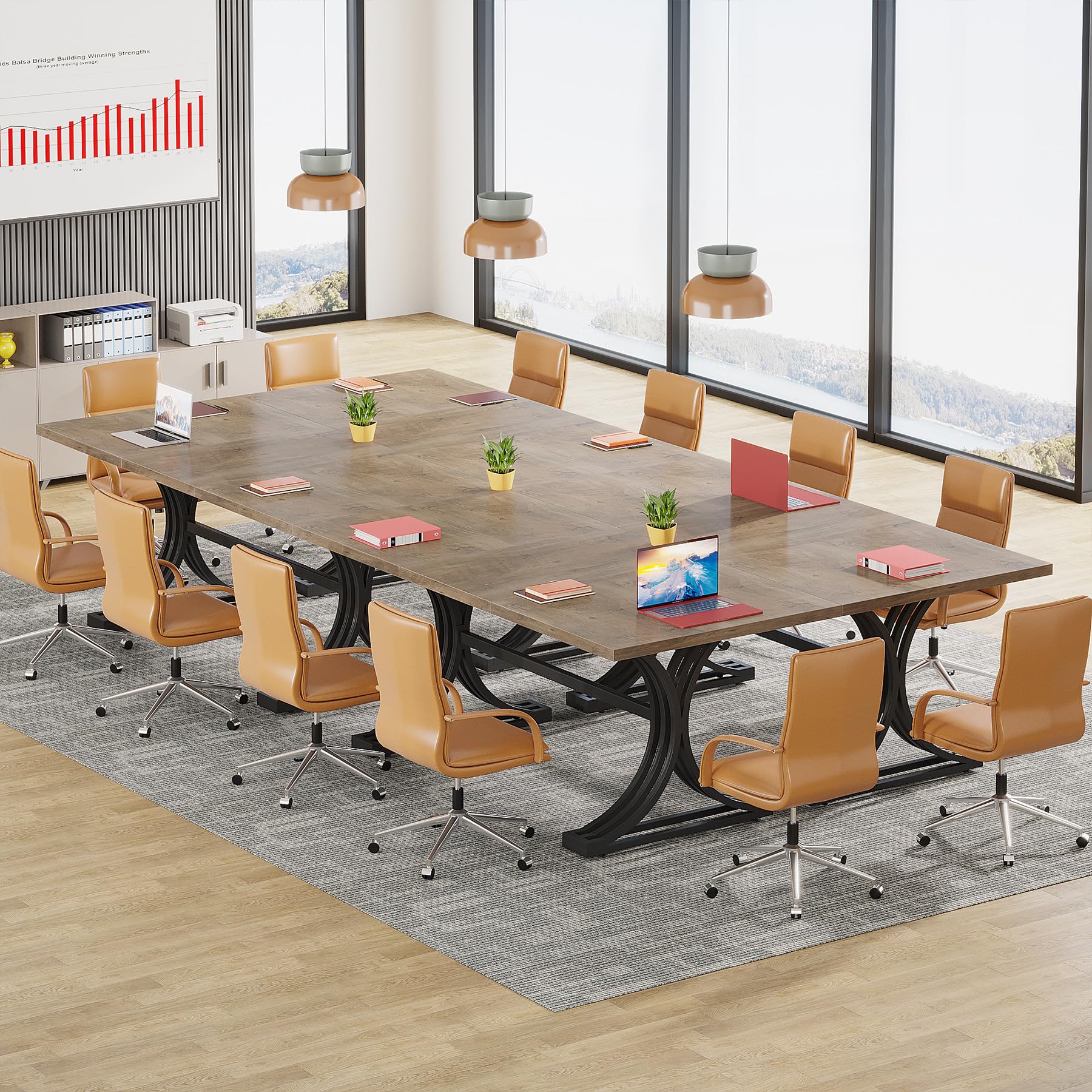 10.5FT Conference Table, Modern Meeting Table for 8-10 People, Rectangle Seminar Boardroom Table for Office Conference Room with Stylish Legs (2, Grey + Black)
