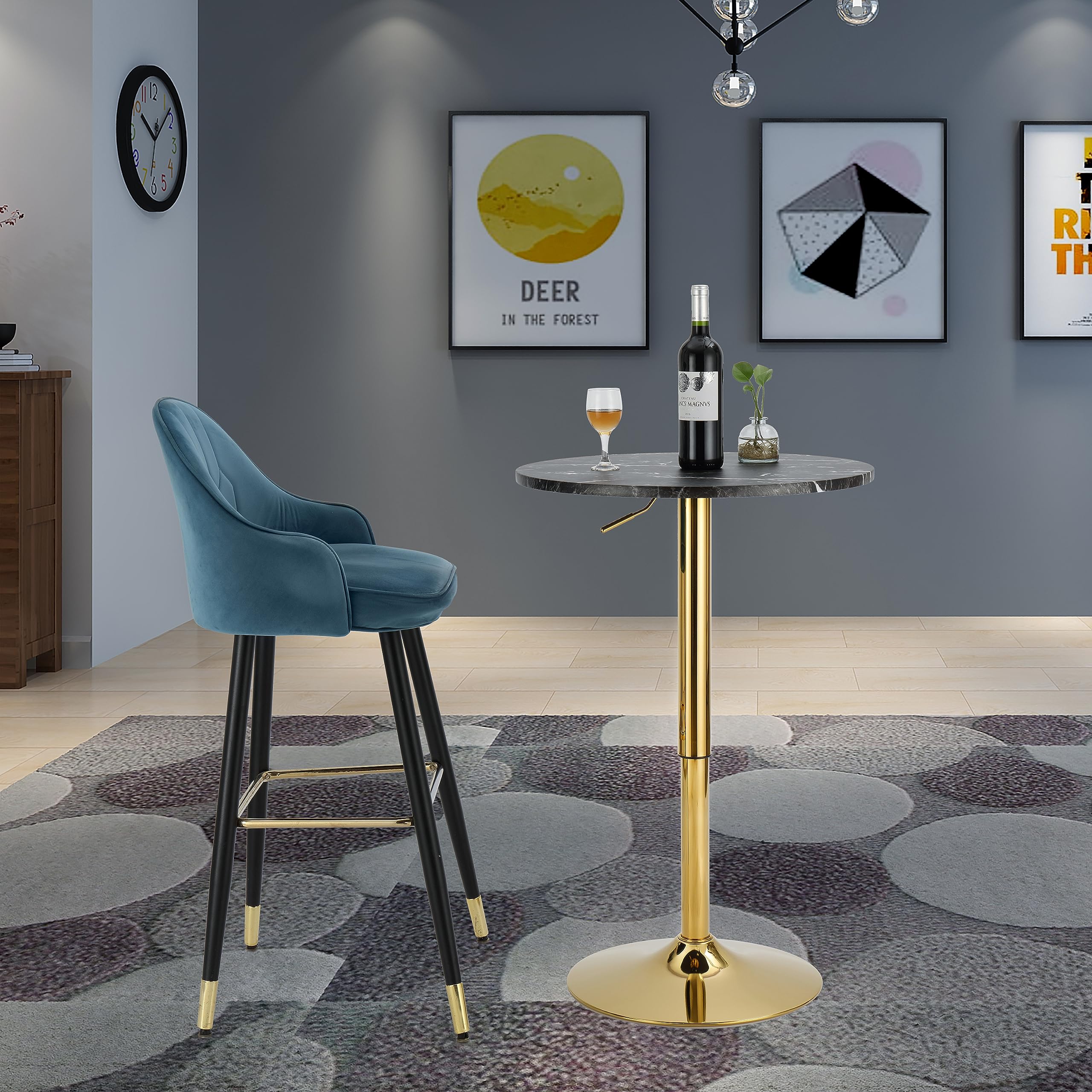 Finnhomy 24" Round Cocktail Bar Table with Metal Base, Tall Bistro Pub Table, Adjustable 27.9"-35.4" Counter Bar Height for Kitchen, Dining Room, Living Room, Easy Assembly, Black&Gold
