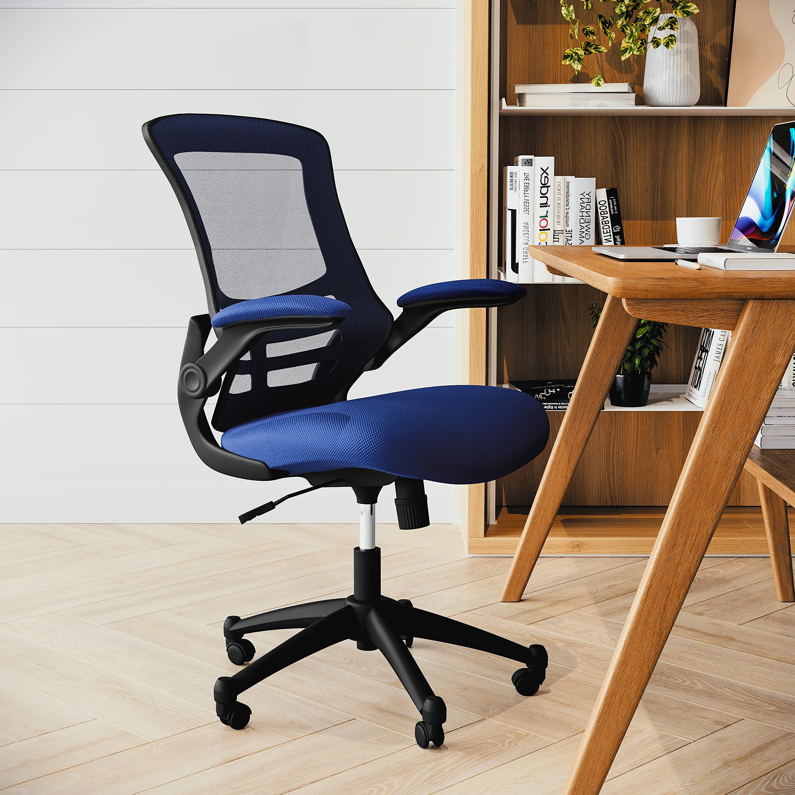 Mid-Back Blue Mesh Swivel Ergonomic Task Office Chair with Flip-Up Arms
