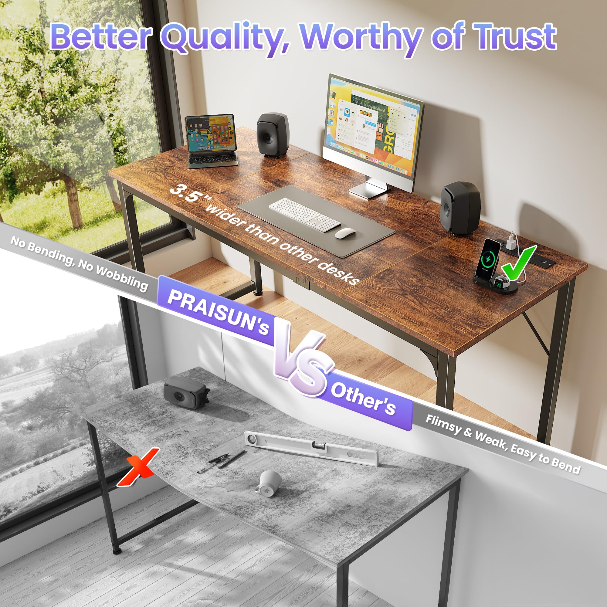 63 X 24 Inch Office Computer Desk with Power Outlets and USB-C Port, Larger and Longer Gaming Desk, for Home Office, Study, Writing Work from Home Table, Metal Frame, White