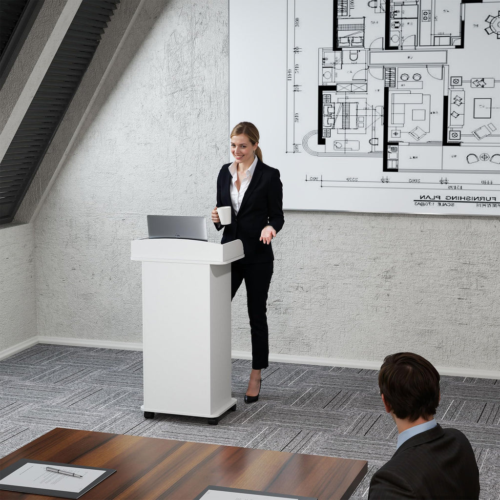 Podium Stand with Wheels Wooden Lectern Podium Stand Portable Pulpit Standing with Storage Mobile Reception Podiums Desk for Church Office School Conference Restaurant Meeting, White