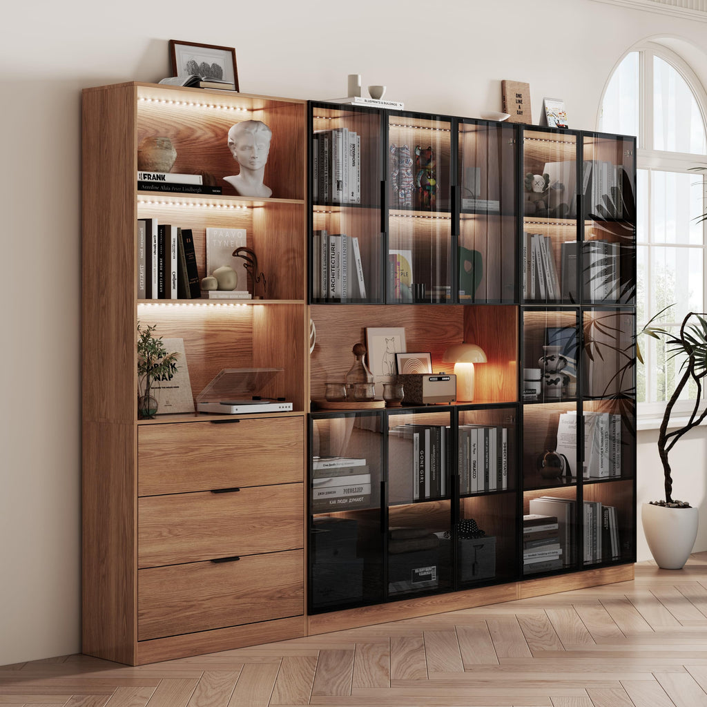 78.7" H Tall Bookcase Storage Cabinet with LED Lights and Drawers, 5 Tier Wood Storage Shelves with Glass Doors, Expandable Bookshelf Display Cabinet for Living Room, Home Office (A+C+B)