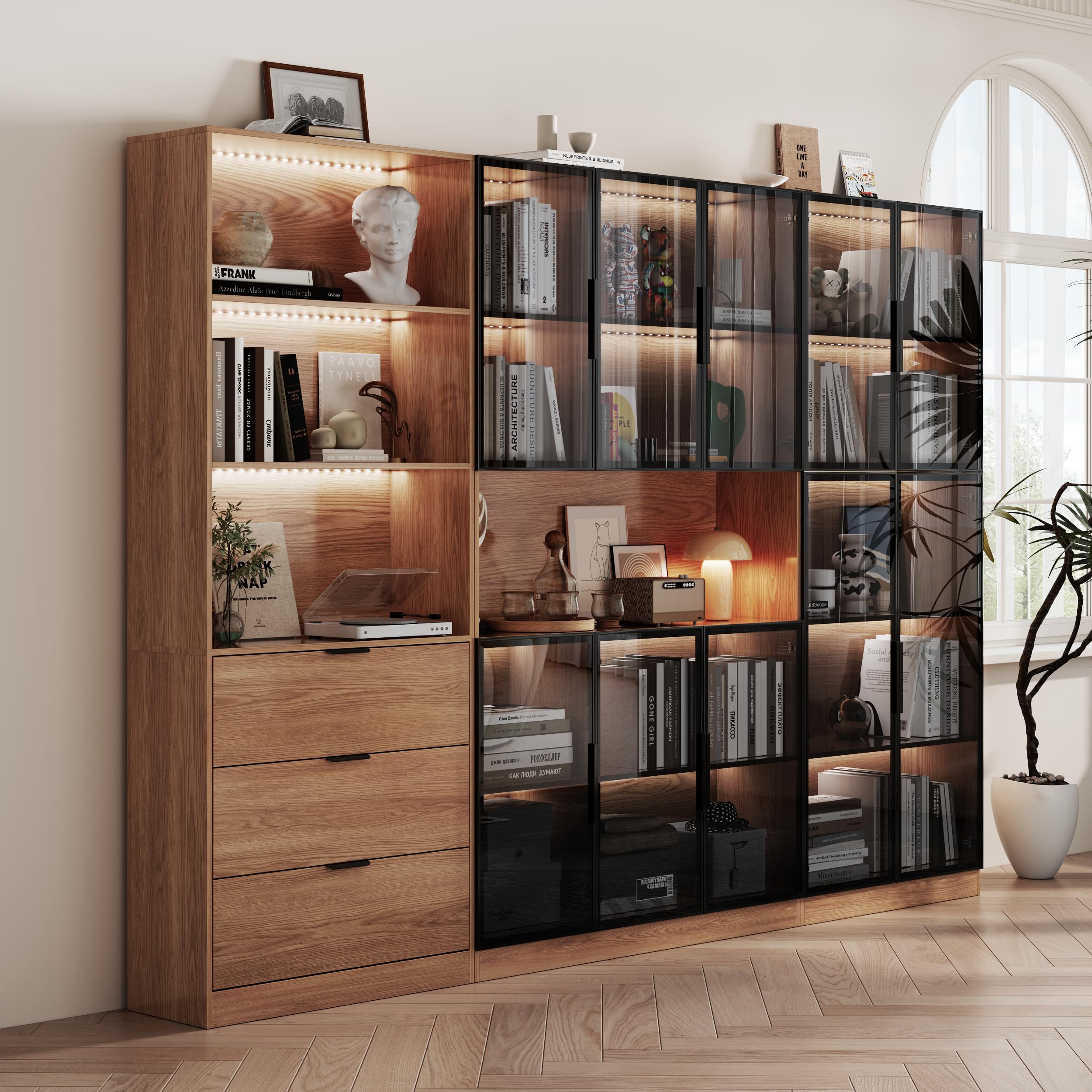 78.7" H Tall Bookcase Storage Cabinet with LED Lights and Drawers, 5 Tier Wood Storage Shelves with Glass Doors, Expandable Bookshelf Display Cabinet for Living Room, Home Office (A+C+B)