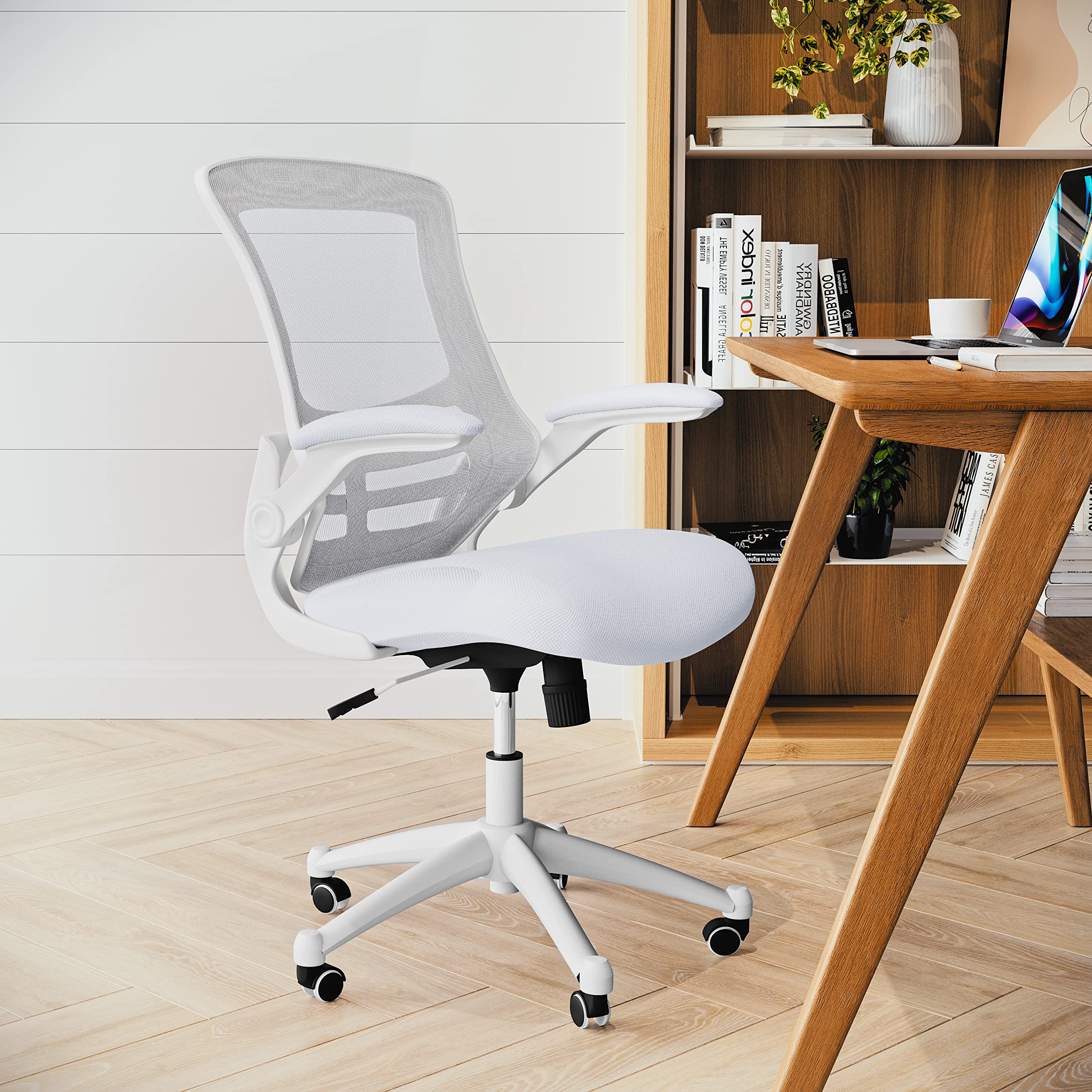 Mid-Back Swivel Office Chair with Adjustable Lumbar Support and Seat Height, Ergonomic Mesh Desk Chair with Flip-Up Armrests, White