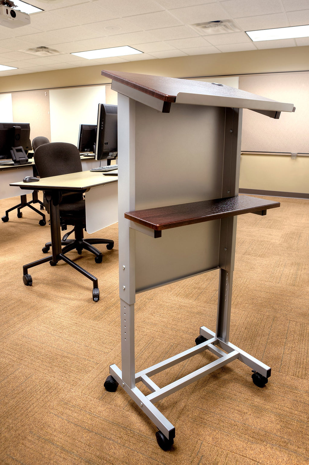 Adjustable Height Lectern Podium | Rolling Desk with Storage Shelf | Ergonomic Standing Desk Frame for Office, Classroom, Laptop, Teaching, Presentations & More (Dark Walnut)