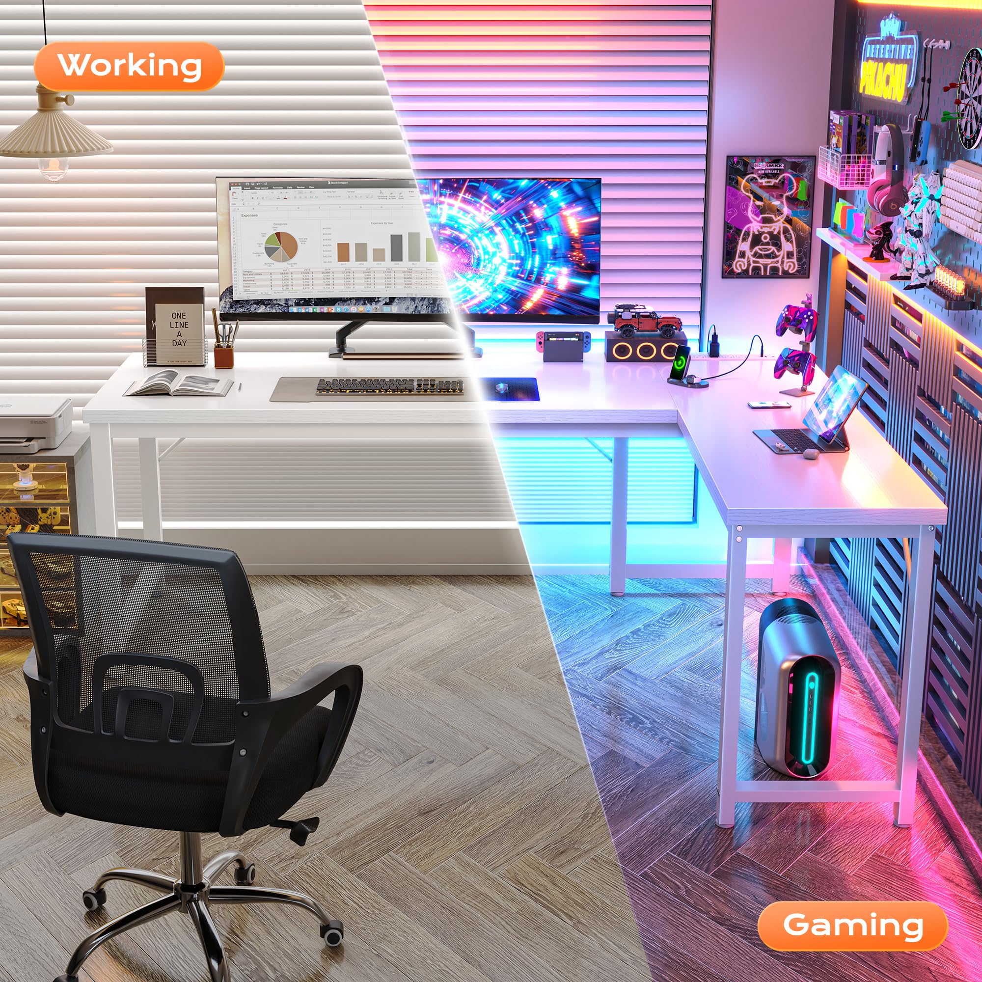 63 Inch L Shaped Desk with Power Outlets and USB-C Port, Reversible Computer, Larger Office Corner Gaming Desk, 0.95 Inch Thicker Desktop, Metal Frame, for Home Office, Study, White