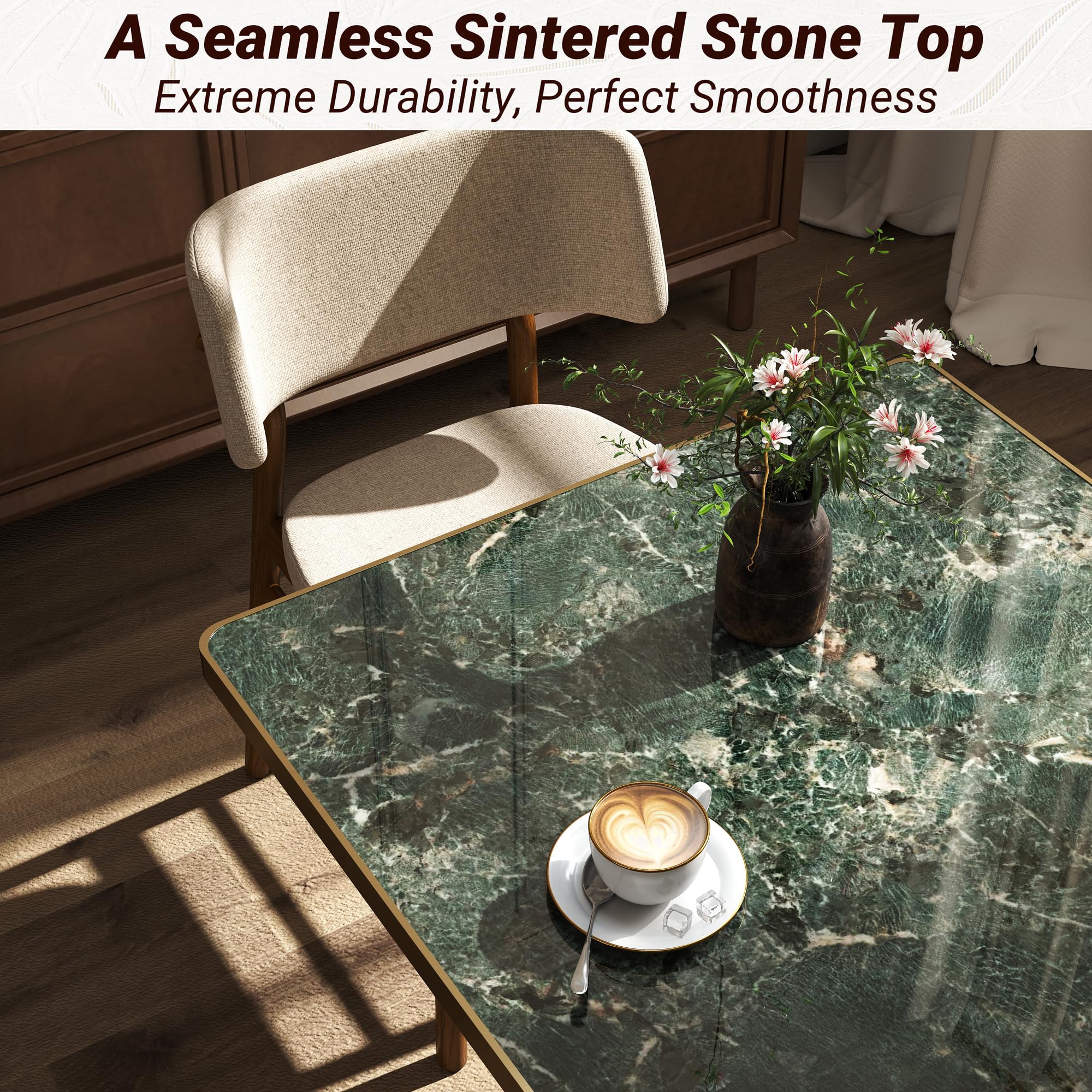 hausway 31.5" Tulip Table,Square Kitchen Dining Table for 2-4 with Thick Sintered Stone Top,Titanium Golden Pedestal Base,Heat-Resistant,Bistro Table for Dining Room,Café,Small Space（Emerald Essence）