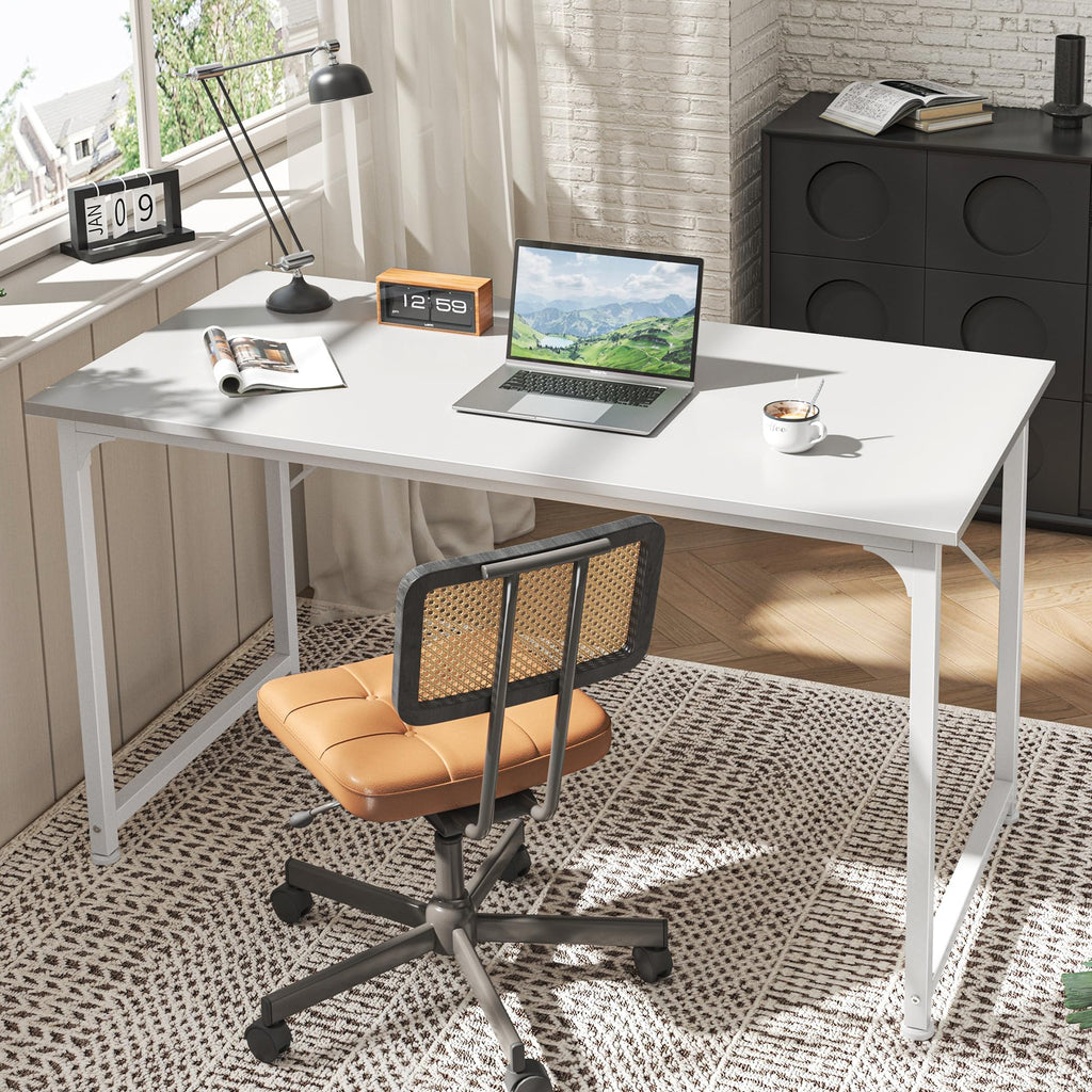 Computer Desk, 48 Inch Office Desk, Gaming Desk with Storage, Writing Desk Work Desk for Home Office, Study, Modern Simple Desk, Large Legroom, Metal Frame, White