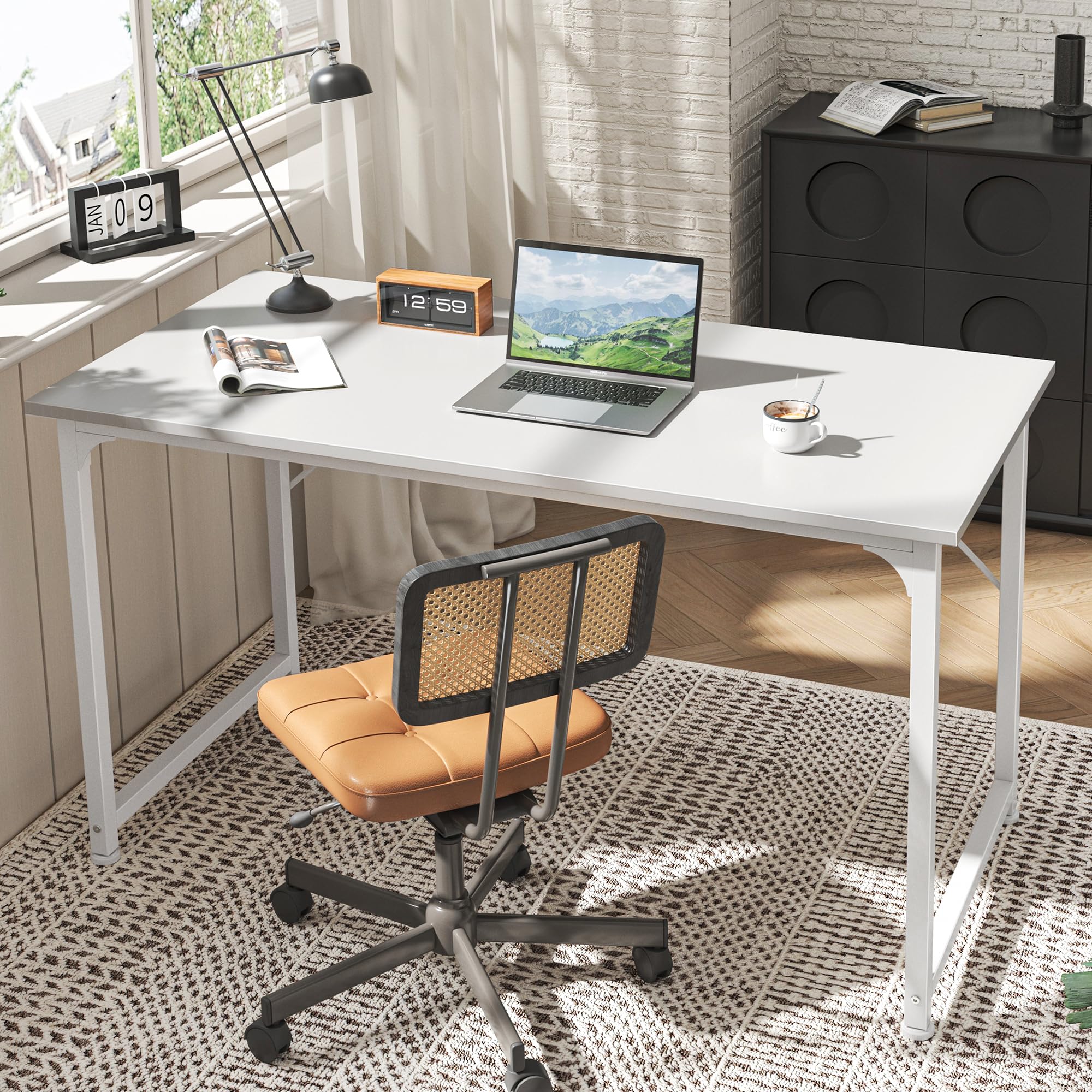 Computer Desk, 48 Inch Office Desk, Gaming Desk with Storage, Writing Desk Work Desk for Home Office, Study, Modern Simple Desk, Large Legroom, Metal Frame, White
