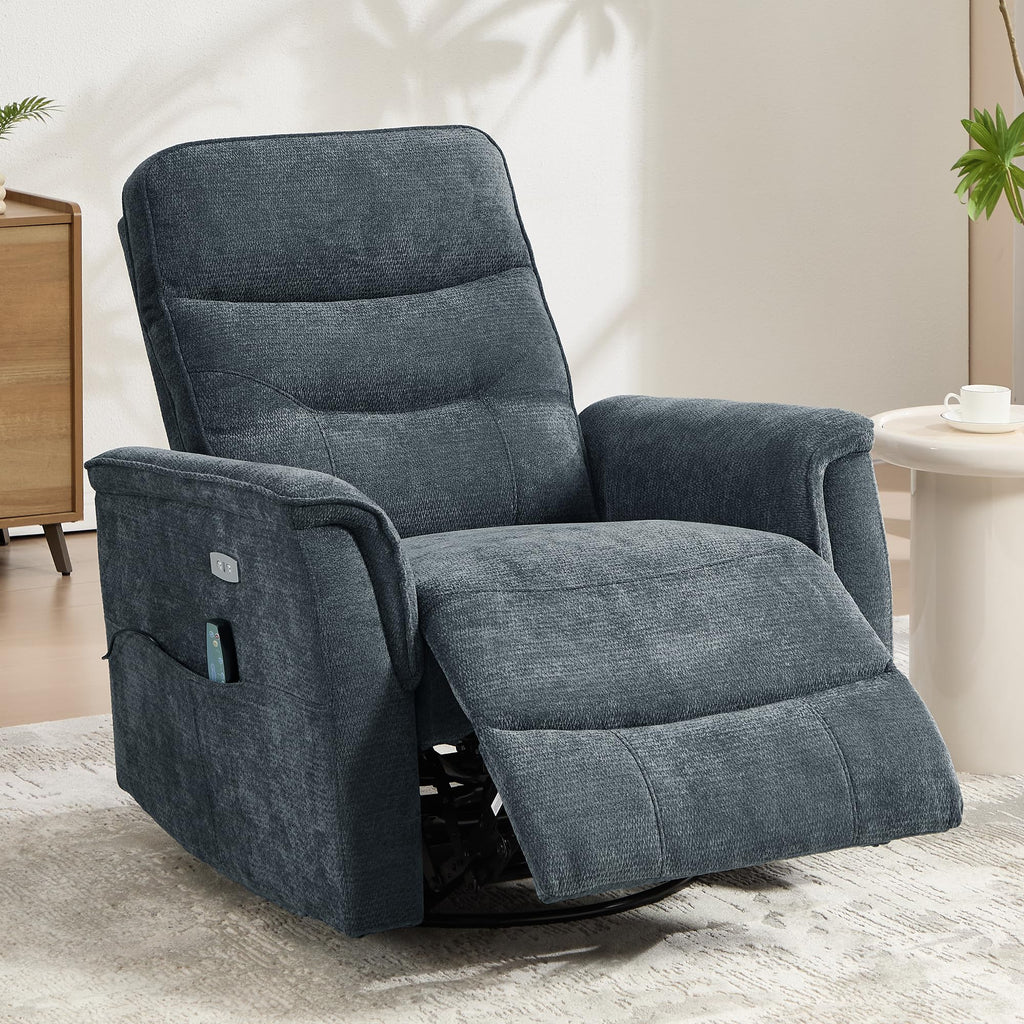Recliner Chair for Adults, Power Chenille Nursery Rocker Recliner Massage and Heat, Oversized Swivel Reclining Chair with USB Ports for Living Room, Office Black