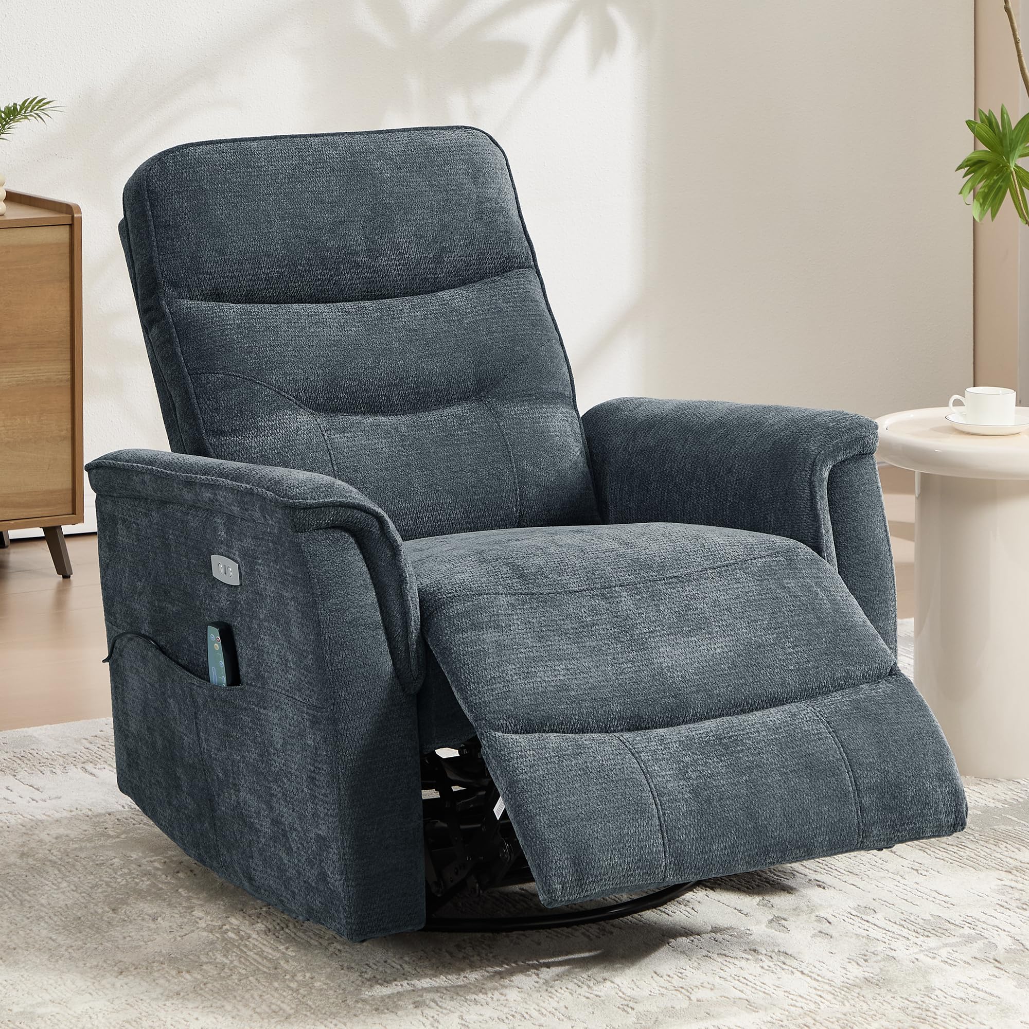 Recliner Chair for Adults, Power Chenille Nursery Rocker Recliner Massage and Heat, Oversized Swivel Reclining Chair with USB Ports for Living Room, Office Black