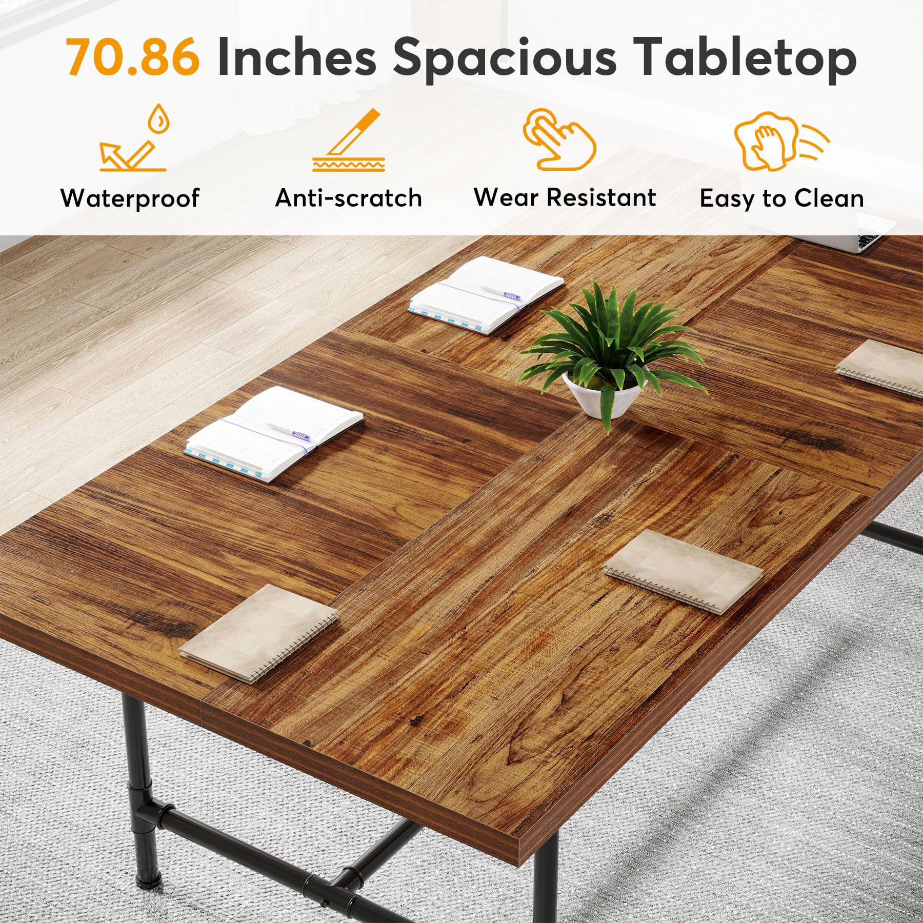 6FT Conference Table, Rustic Rectangle 70.8" W x 35.4" D Meeting Table, Modern Seminar Table Boardroom Desk for Office Meeting Conference Room (6ft, Rustic)