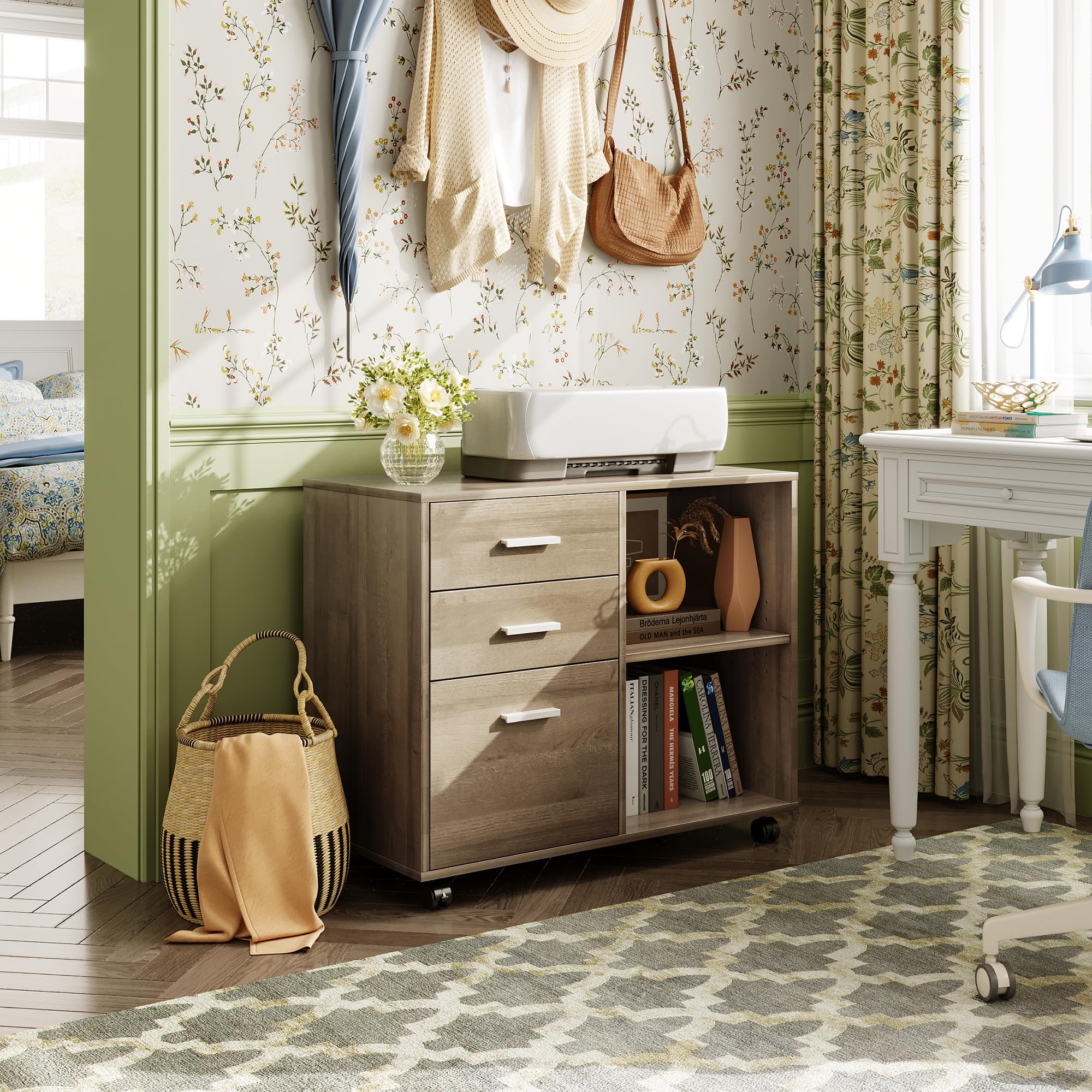 Wood File Cabinet, 3 Drawer Lateral Filing Cabinet, Gray Oak