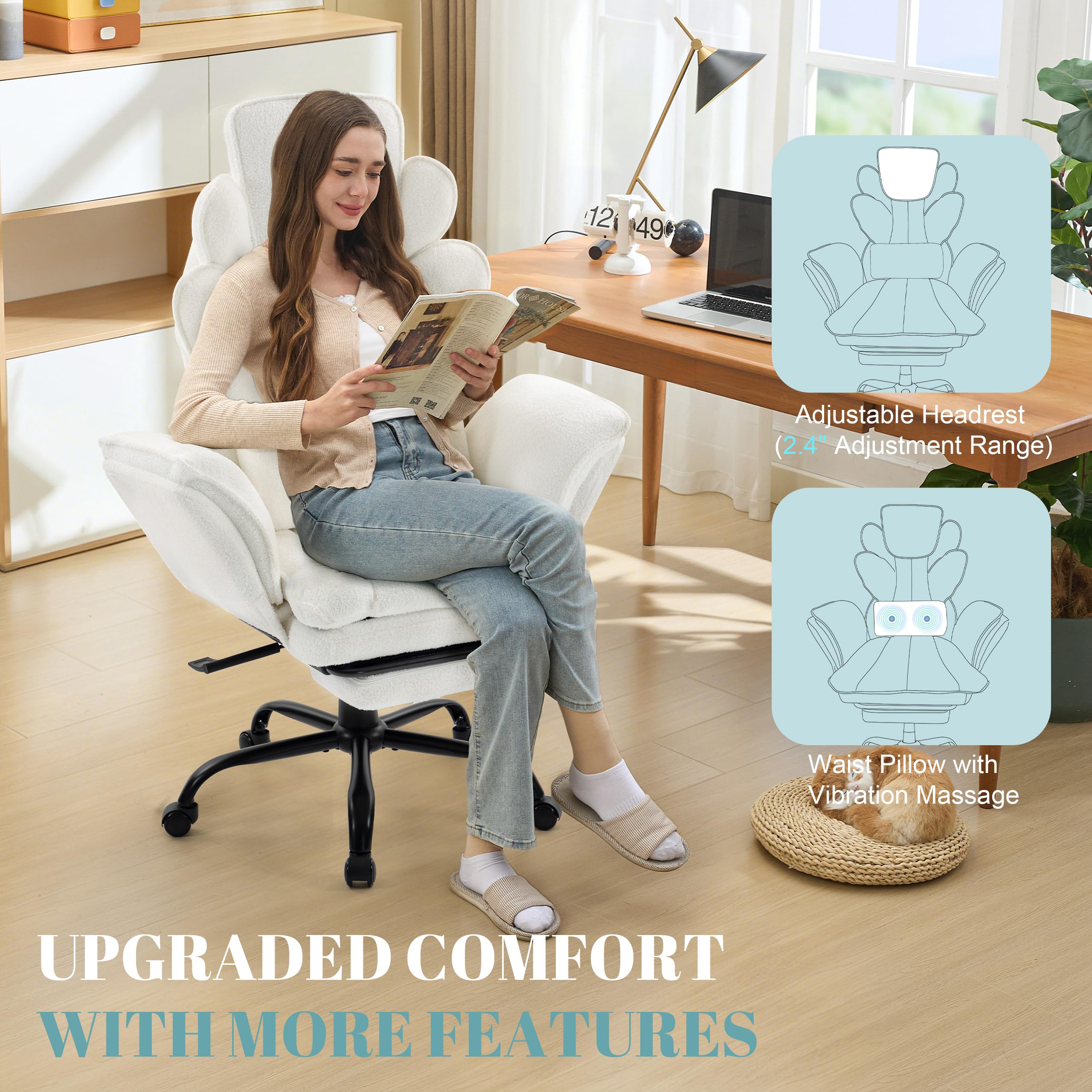 Flip Armrests Criss Cross Office Chair, Reclining Office Chair with Foot Rest, Adjustable Headrest, Massage Waist Pillow, Cross Legged Big and Tall Desk Chair Wide Seat Vanity Chair, Fabric White