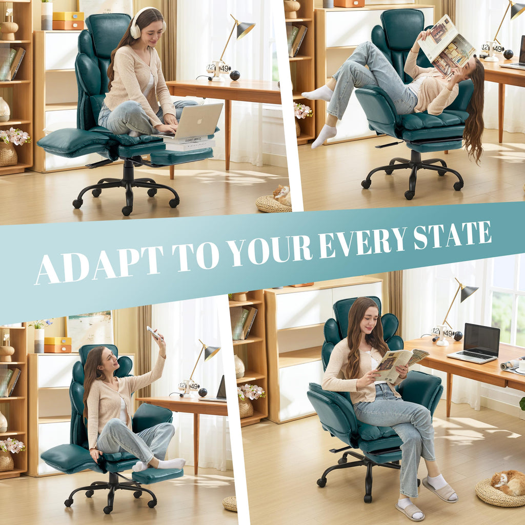 Flip Armrests Criss Cross Office Chair, Reclining Office Chair with Foot Rest, Adjustable Headrest, Massage Waist Pillow, Cross Legged Big and Tall Desk Chair Wide Seat Vanity Chair, PU Leather Green