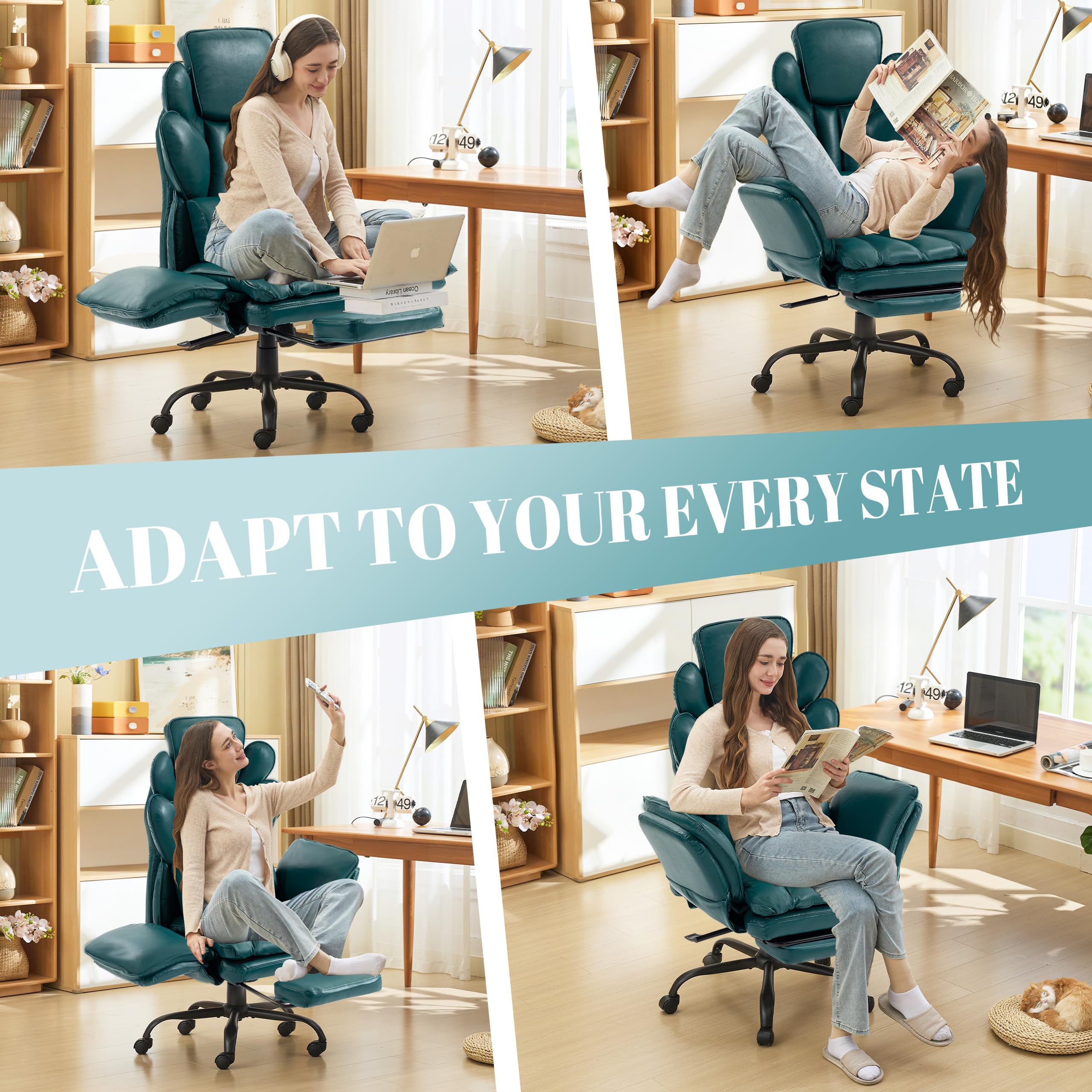Flip Armrests Criss Cross Office Chair, Reclining Office Chair with Foot Rest, Adjustable Headrest, Massage Waist Pillow, Cross Legged Big and Tall Desk Chair Wide Seat Vanity Chair, PU Leather Green