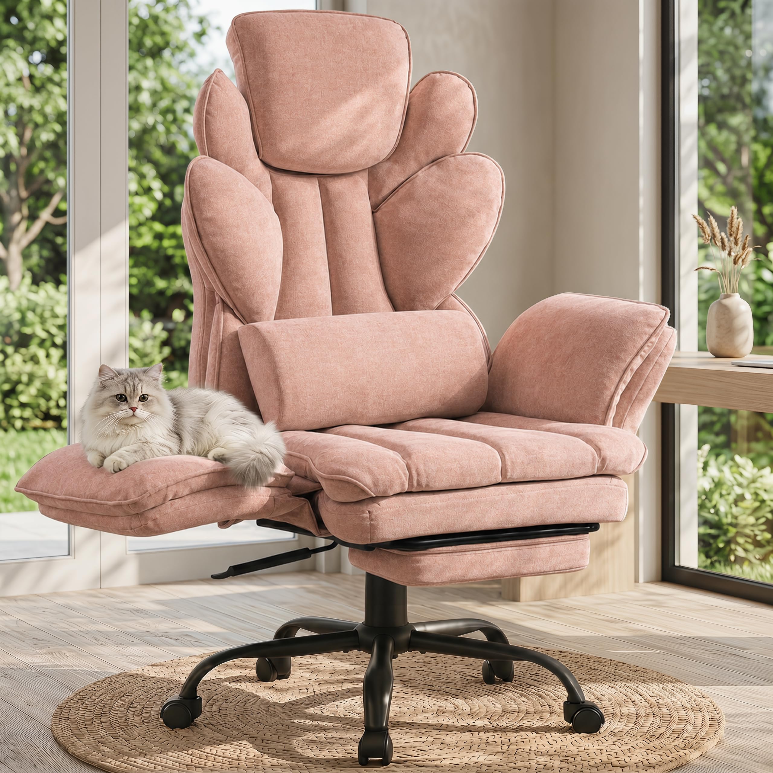 Flip Armrests Criss Cross Office Chair, Reclining Office Chair with Foot Rest, Adjustable Headrest, Massage Waist Pillow, Cross Legged Big and Tall Desk Chair Wide Seat Vanity Chair, Fabric Pink