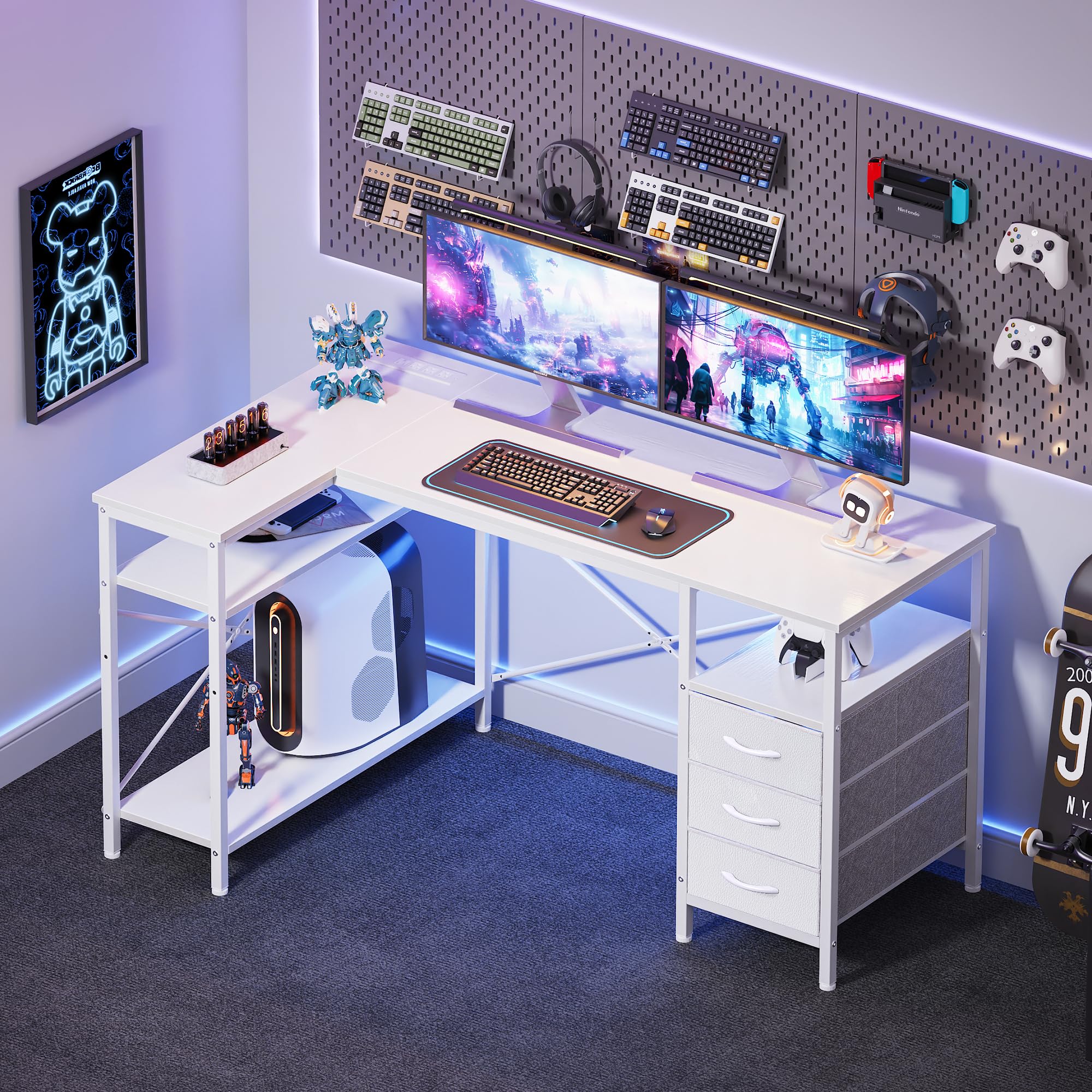 L Shaped Office Desk with Power Outlets, 47 Inch Computer Desk with 3 Drawers, Shelves, for Gaming, Corner Work, Home Office, Study, White