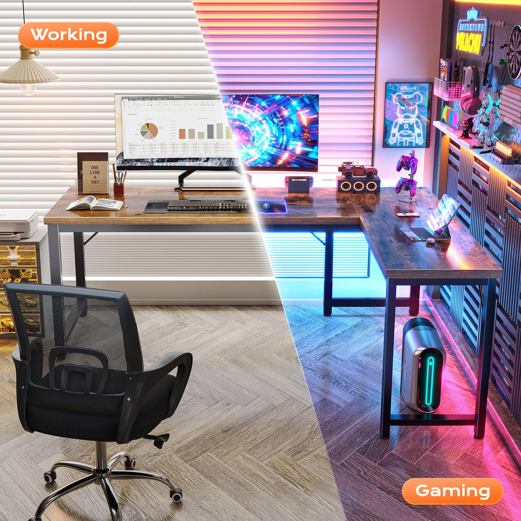 63 Inch L Shaped Desk with 0.95 Inch Thicker Desktop, Reversible Computer Desk, Larger Corner Office Gaming Desk, Robust Metal Frame, for Home Office, Rustic Brown