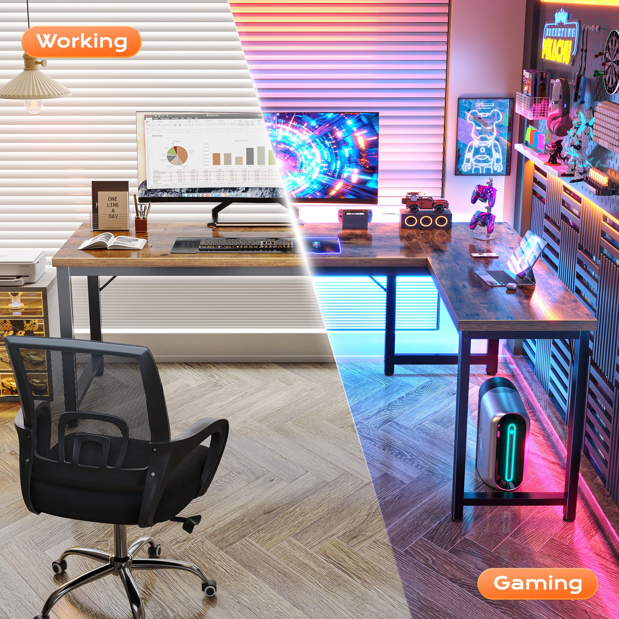 63 Inch L Shaped Desk with 0.95 Inch Thicker Desktop, Reversible Computer Desk, Larger Corner Office Gaming Desk, Robust Metal Frame, for Home Office, Rustic Brown