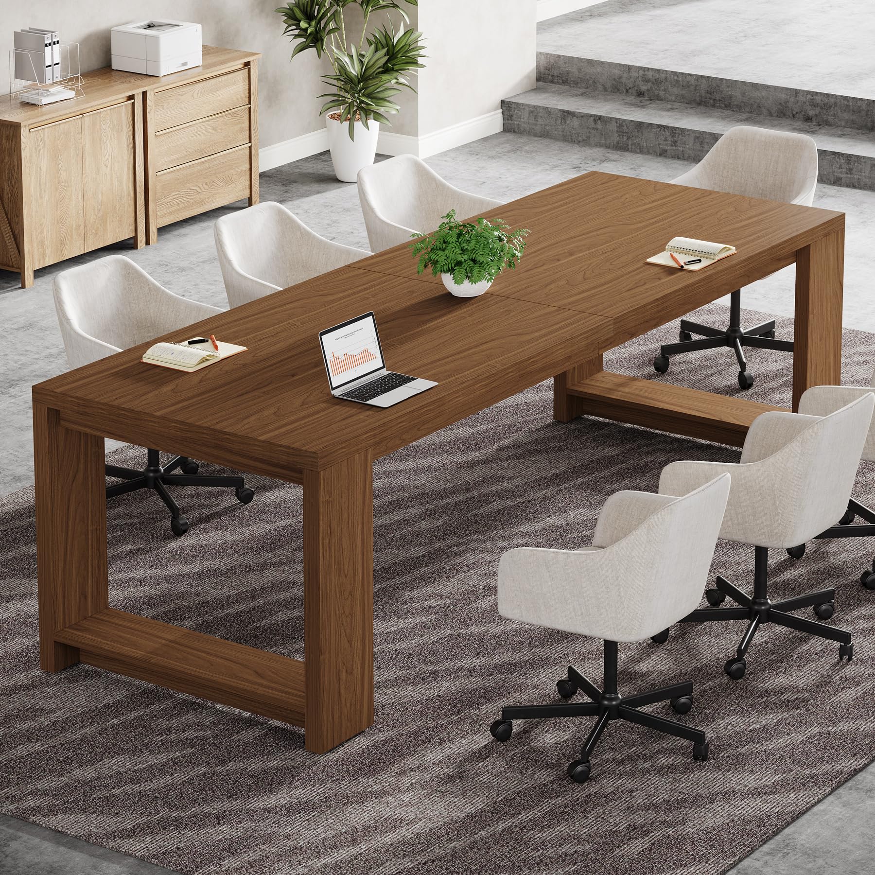 7 ft Conference Table for 6 to 8 People, Modern Rectangle Meeting Room Desk for Boardroom, Home Office (1, Brown)