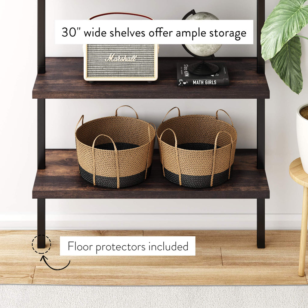 6-Shelf Tall Bookcase, Wall Mount Bookshelf with Natural Wood Finish and Industrial Metal Frame, Nutmeg/Matte Black