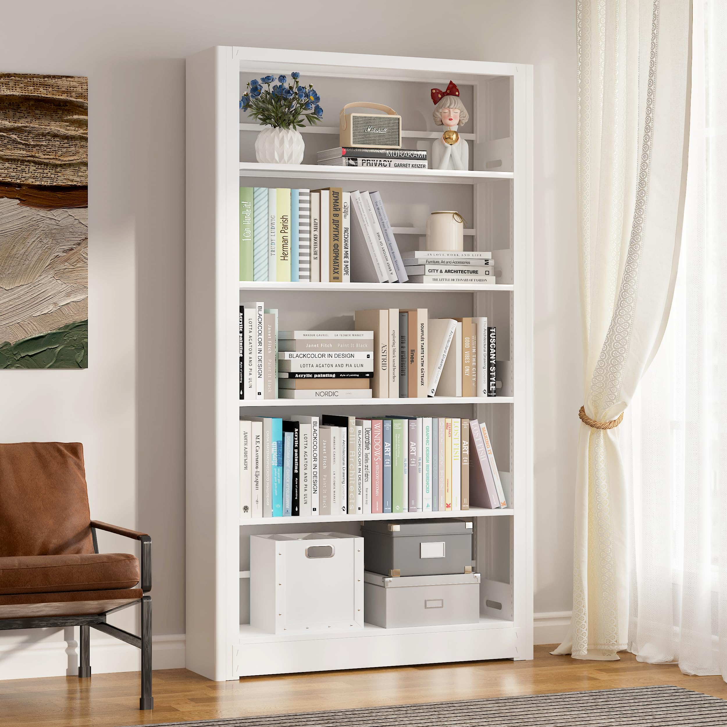 Metal White Bookshelf, 69" Tall Bookshelf with Adjustable Shelves, 5 Shelf Bookcase, Large Bookshelves and Bookcases, Book Shelf Organizer for Home Office, Library, Bedroom, Living Room