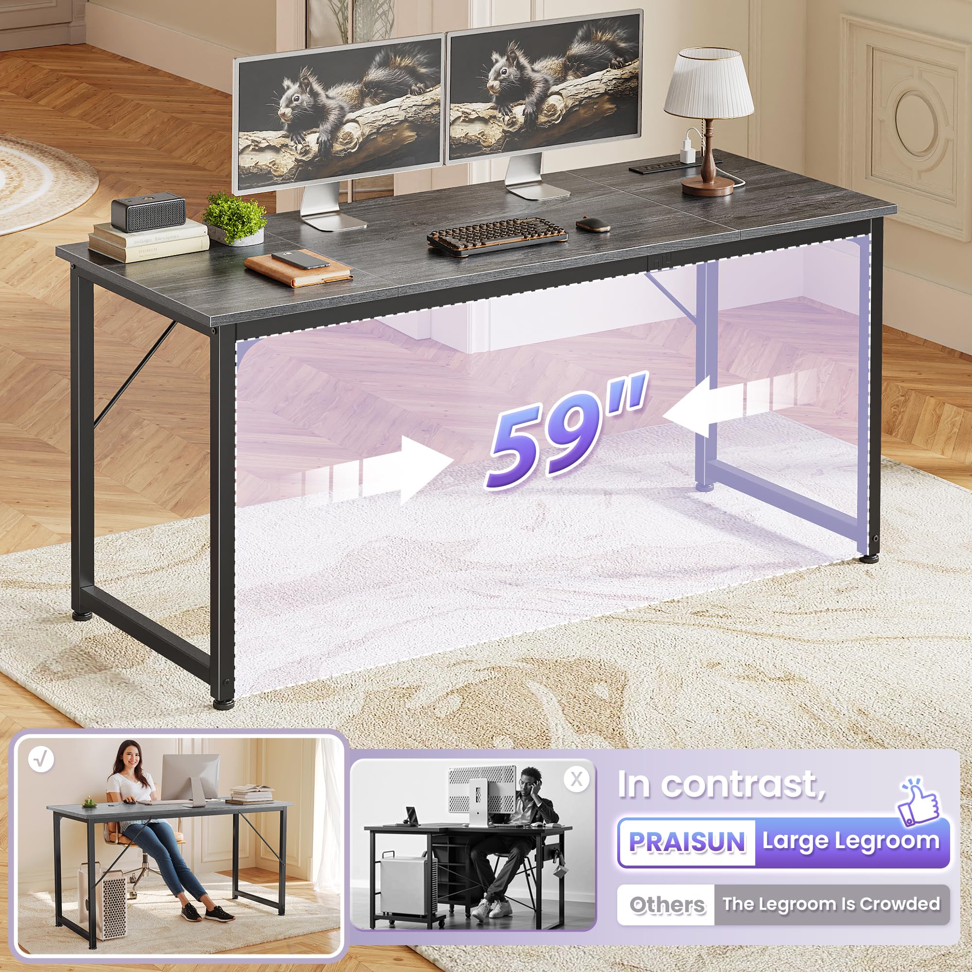 63 X 24 Inch Office Computer Desk with Power Outlets and USB-C Port, Larger and Longer Gaming Desk, for Home Office, Study, Writing Work from Home Table, Metal Frame, Grey