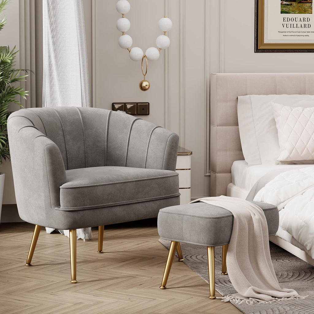 Velvet Accent Chair with Ottoman, Upholstered Modern Single Sofa Side Chair,Comfy Barrel Club Living Room Armchair with Golden Metal Legs for Bedroom Office Living Reading Room , Grey