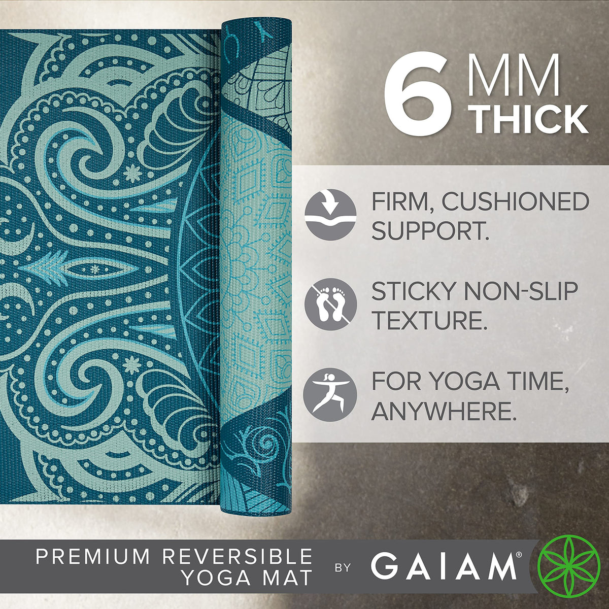 Reversible Yoga Mat, 6mm Thick Print Mat (Seaglass)