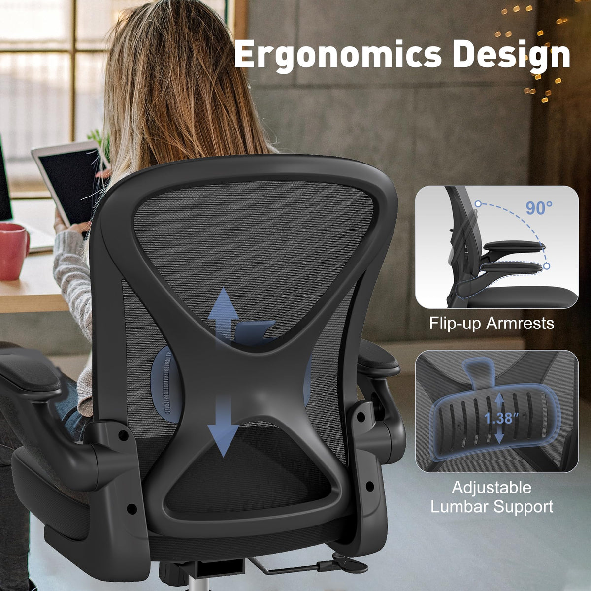 Ergonomic Office Chair, Mesh Fabric Home Office Chairs with Adjustable Lumbar Support, 360° Swivel, and Flip-Up Armrests, Black