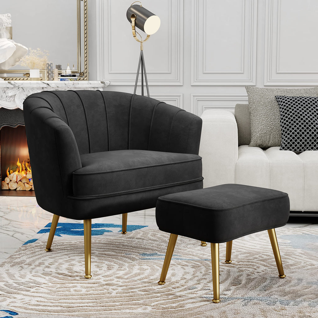 Velvet Accent Chair with Ottoman, Upholstered Modern Single Sofa Side Chair,Comfy Barrel Club Living Room Armchair with Golden Metal Legs for Office Bedroom Living Reading Room , Black