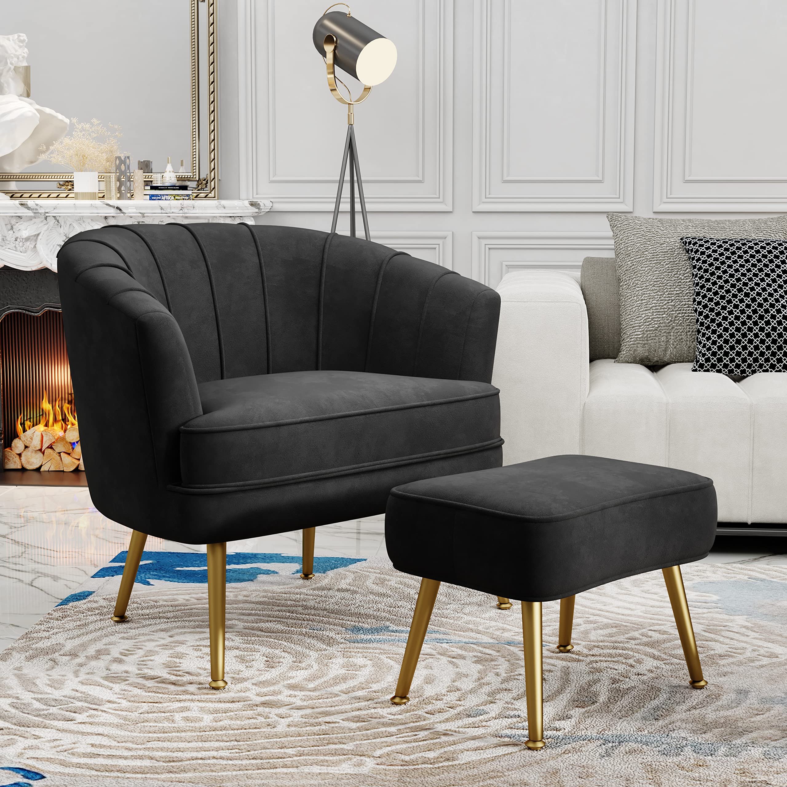 Velvet Accent Chair with Ottoman, Upholstered Modern Single Sofa Side Chair,Comfy Barrel Club Living Room Armchair with Golden Metal Legs for Office Bedroom Living Reading Room , Black