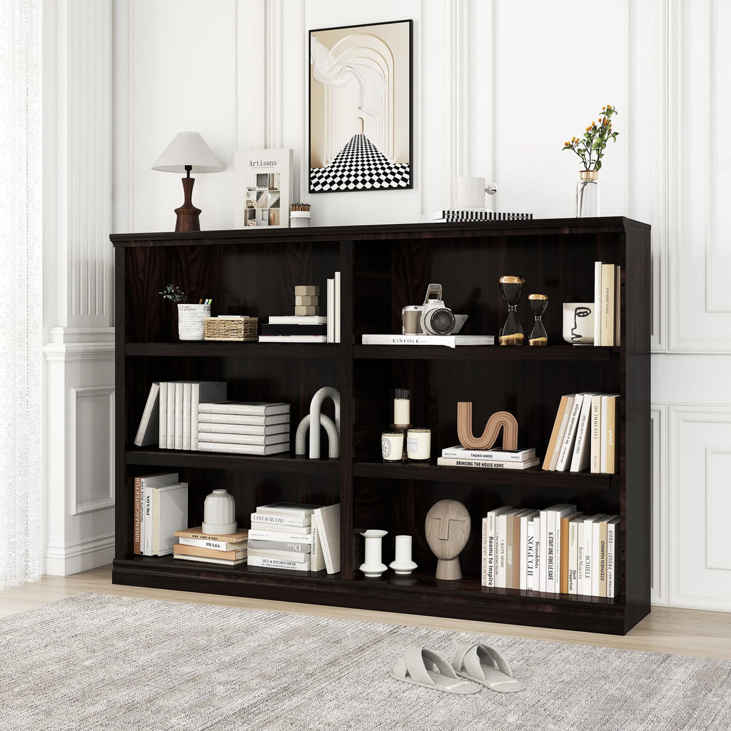 64" W Double Wide Open Shelf Bookcase, 3 Tiers 6 Storage Cube Book Shelf